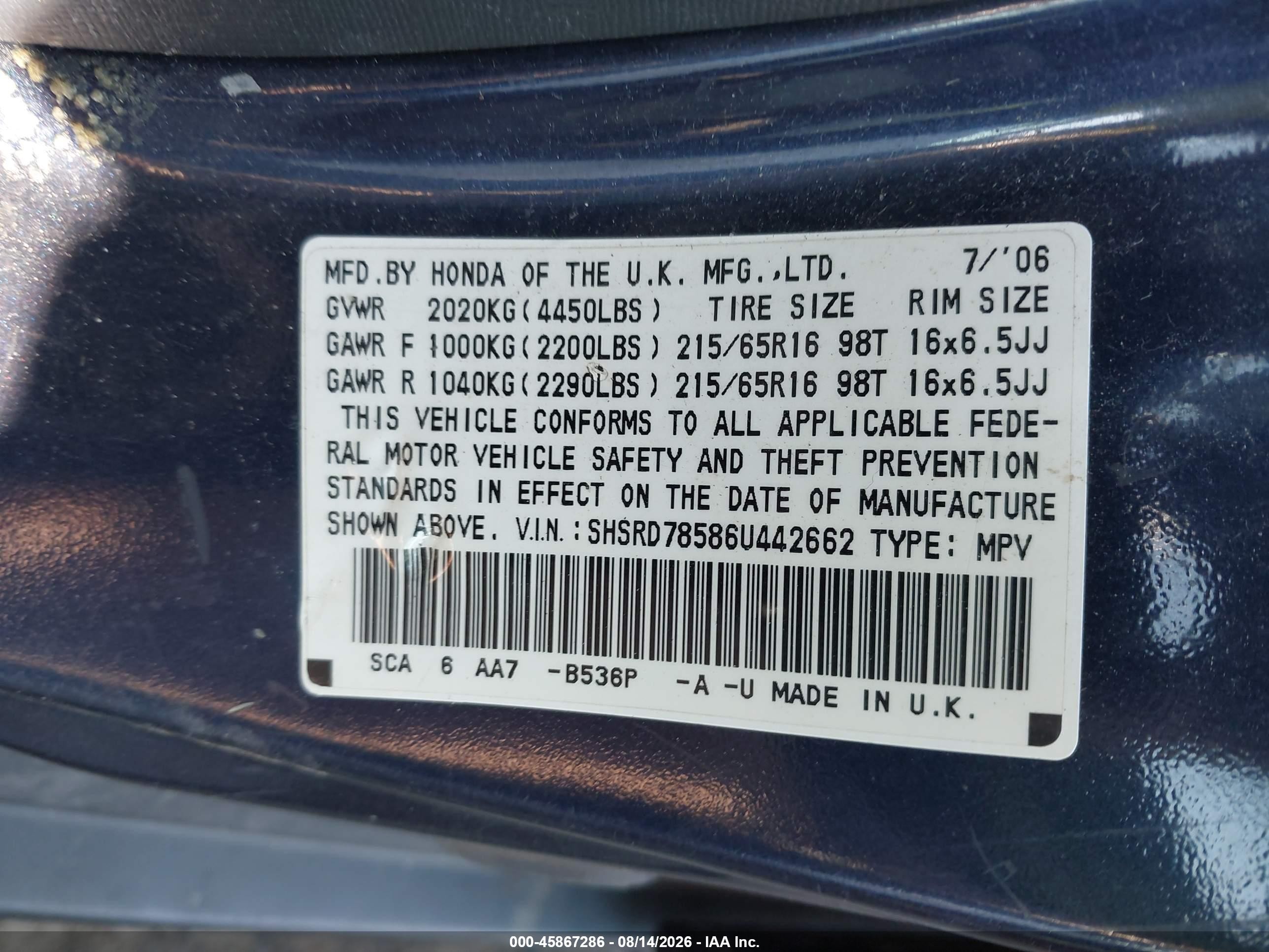 2006 Honda Cr-v Lx Blue vin: SHSRD78586U442662