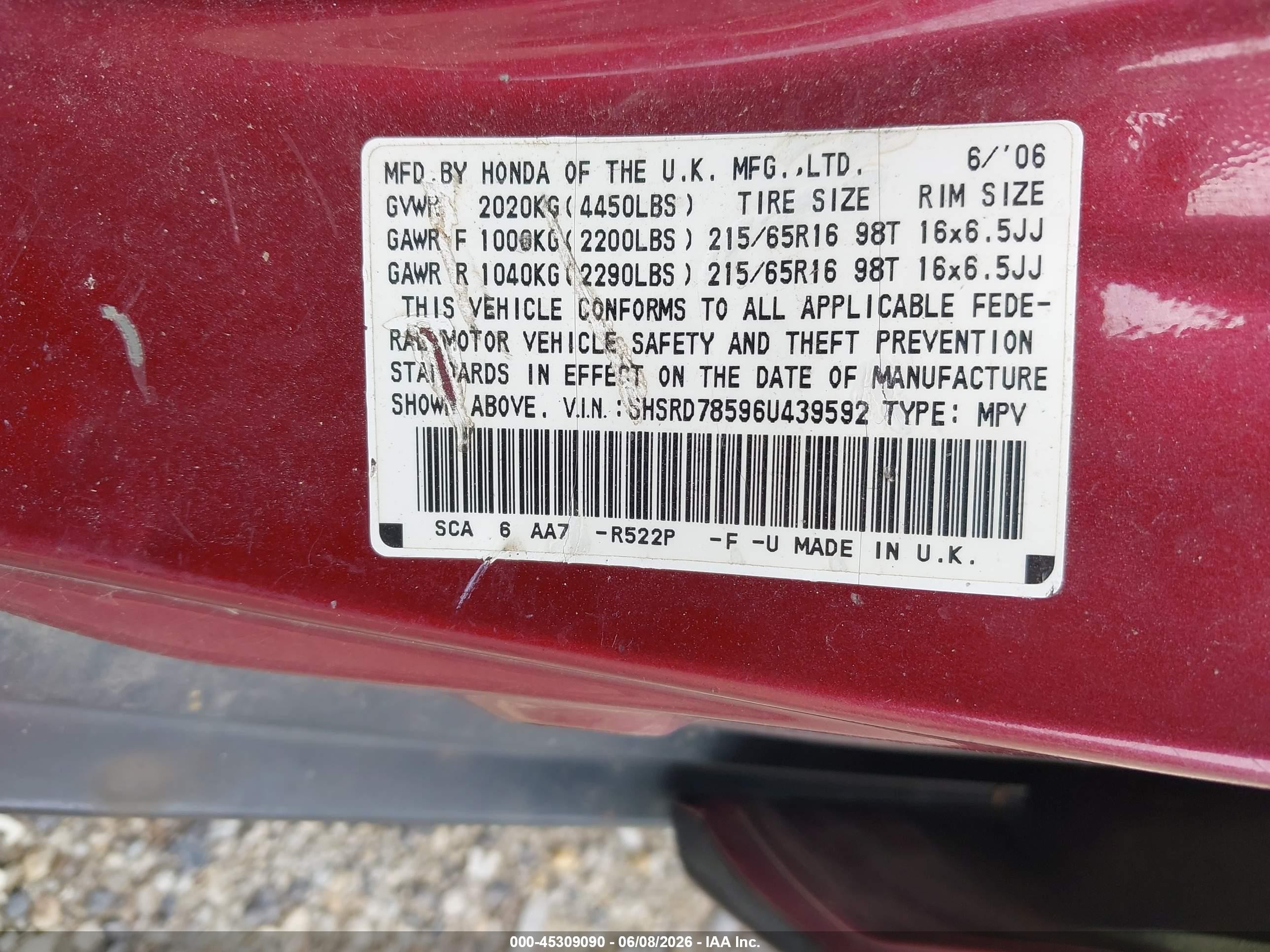 2006 Honda Cr-v Lx Maroon vin: SHSRD78596U439592
