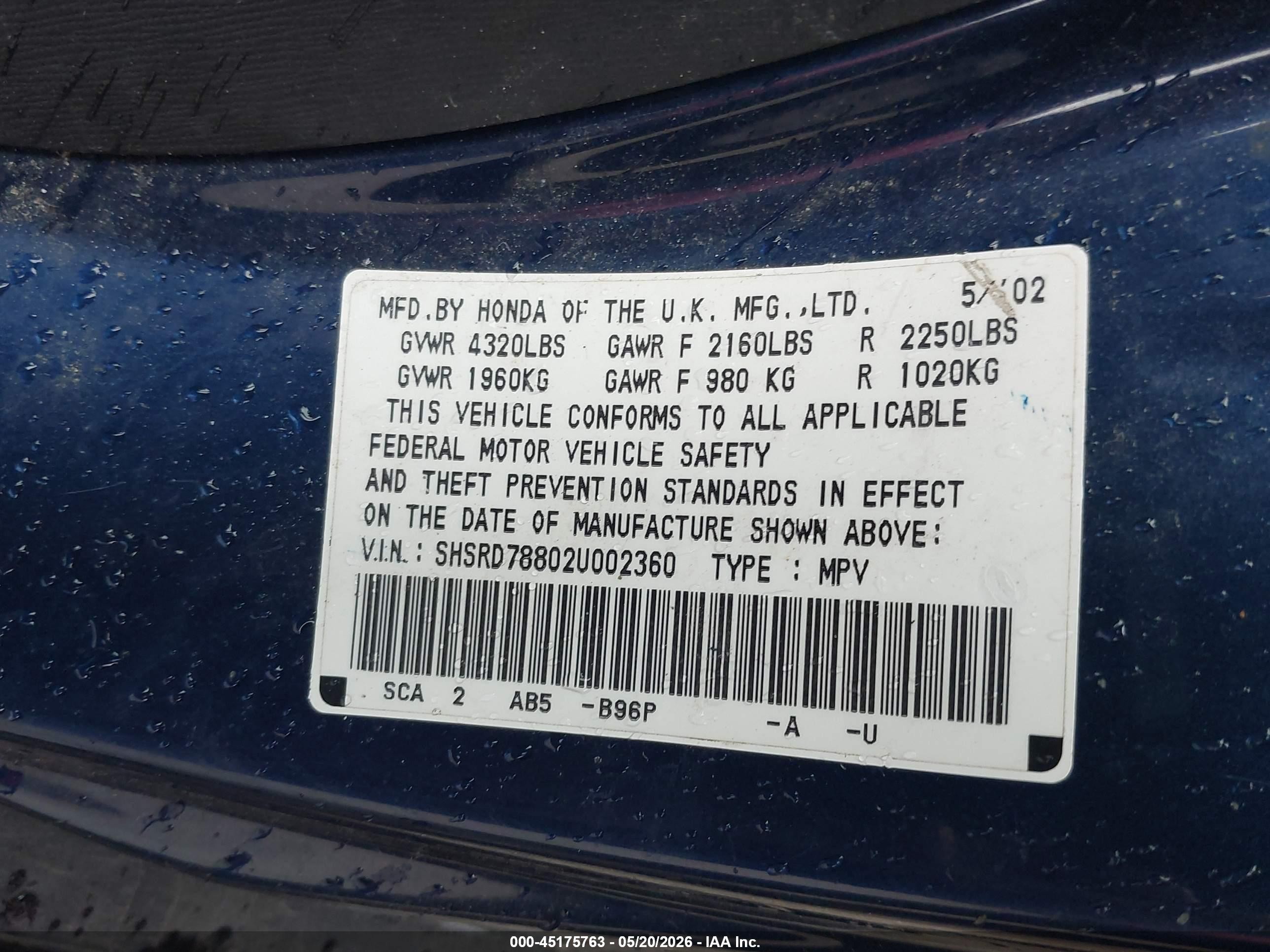 2002 Honda Cr-v Ex Blue vin: SHSRD78802U002360