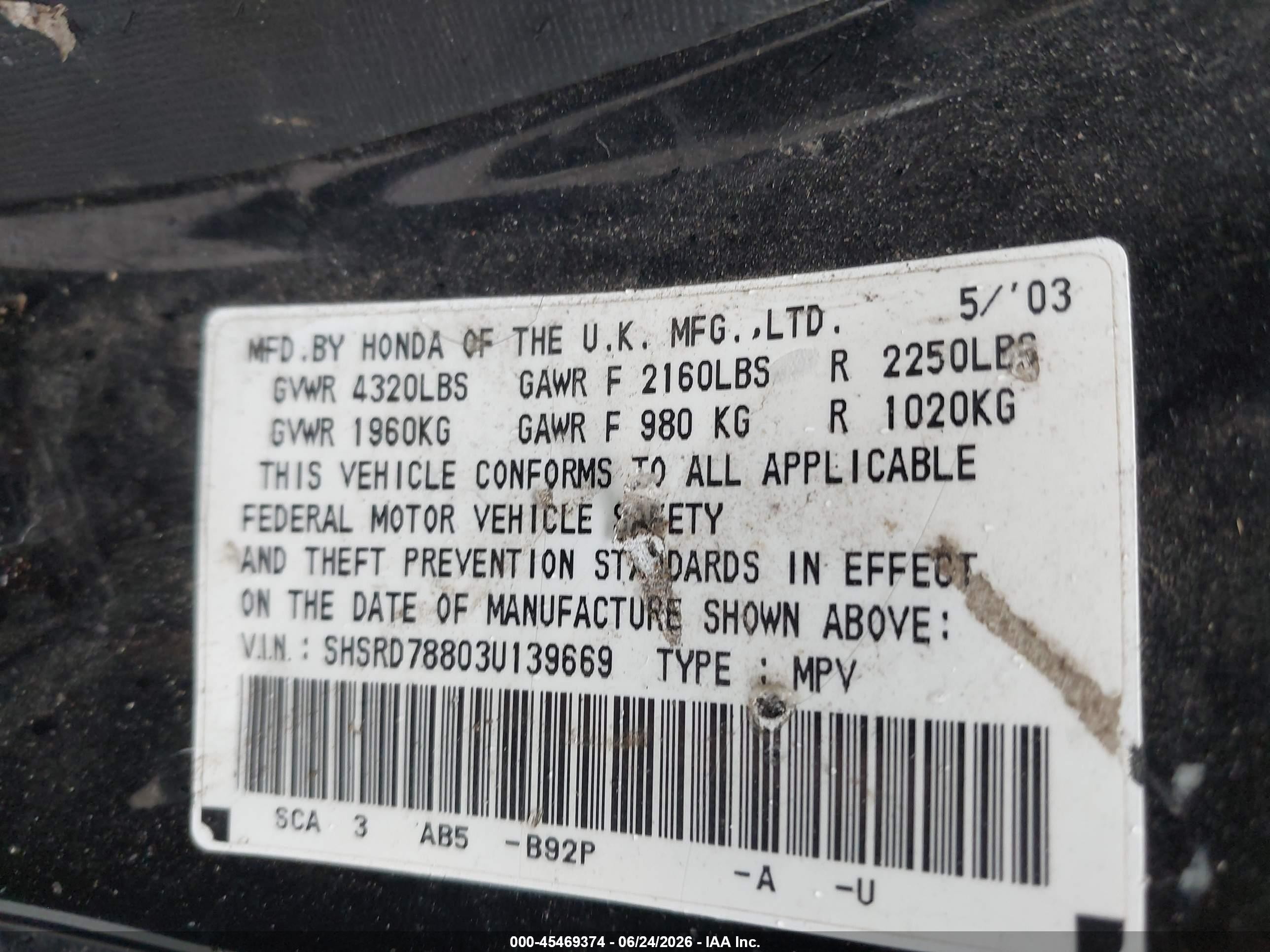 2003 Honda Cr-v Ex Black vin: SHSRD78803U139669