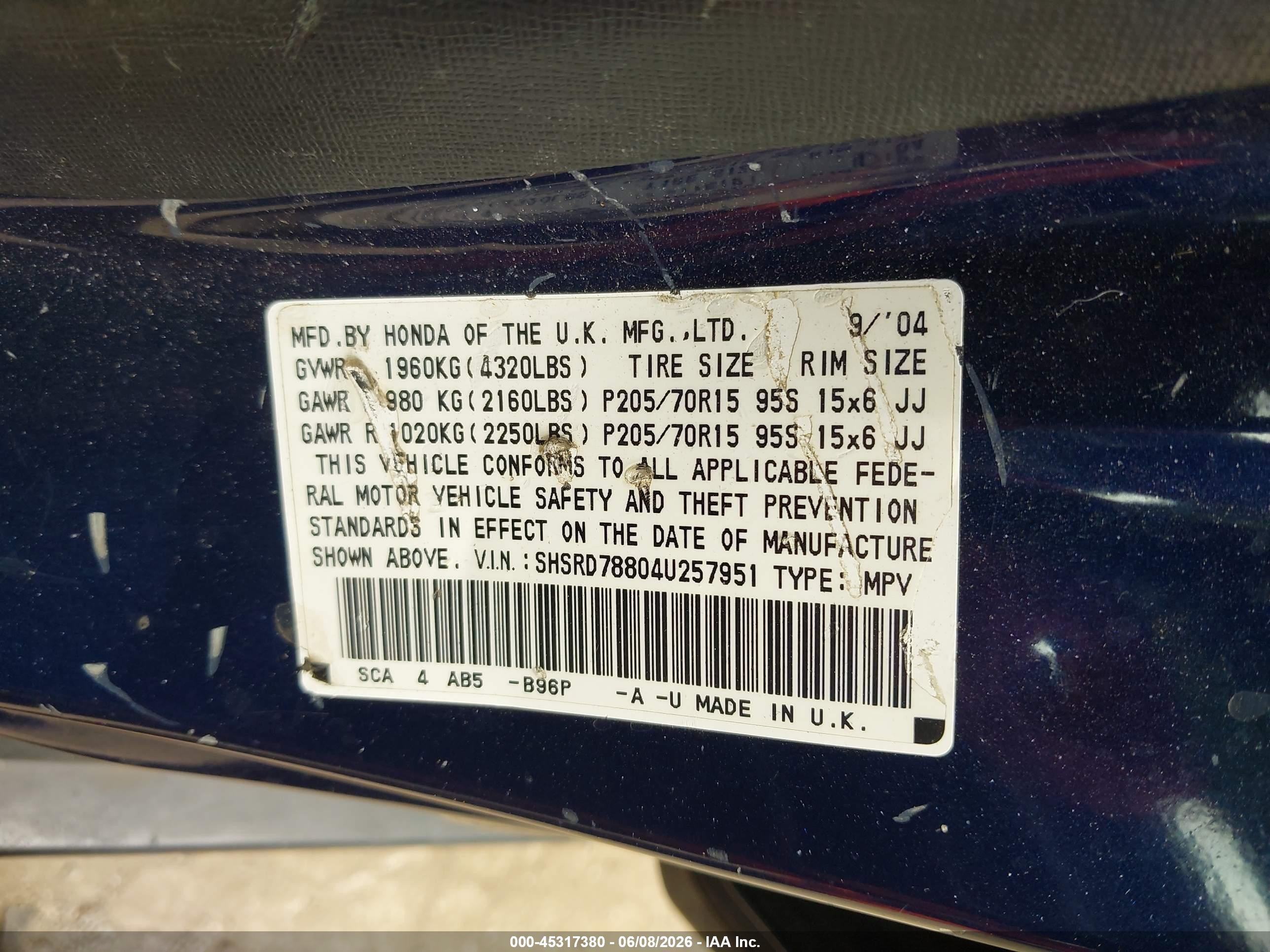 2004 Honda Cr-v Ex Blue vin: SHSRD78804U257951