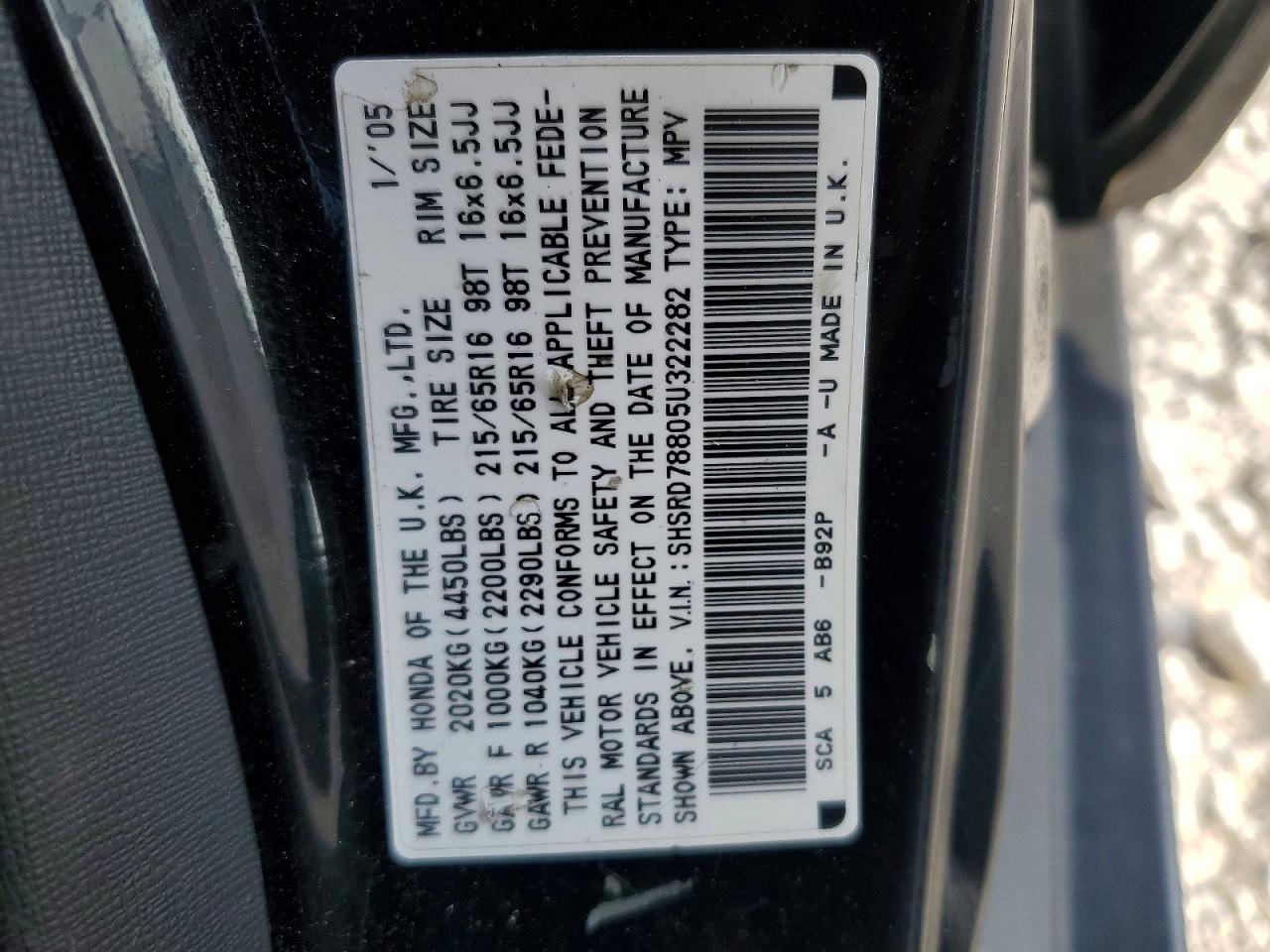 2005 Honda Cr-v Ex Black vin: SHSRD78805U322282