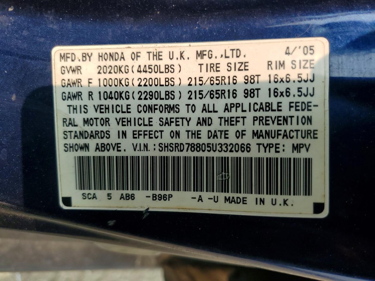 2005 Honda Cr-v Ex Blue vin: SHSRD78805U332066