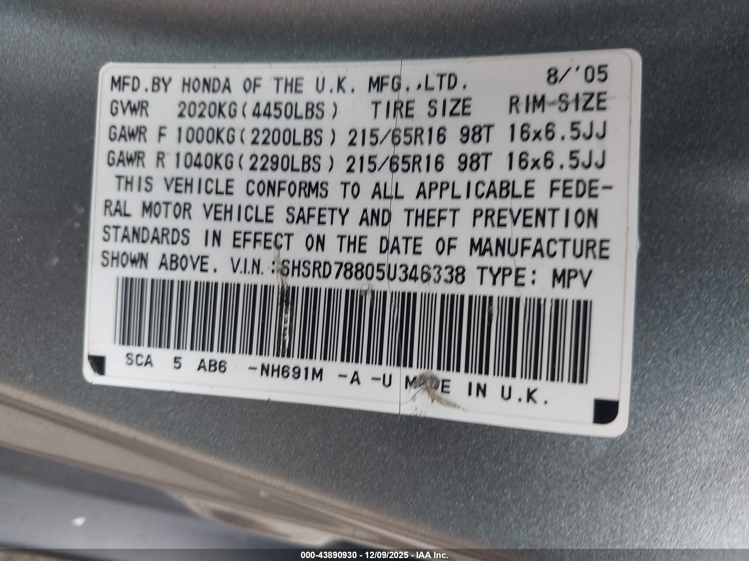 2005 Honda Cr-v Ex Gray vin: SHSRD78805U346338