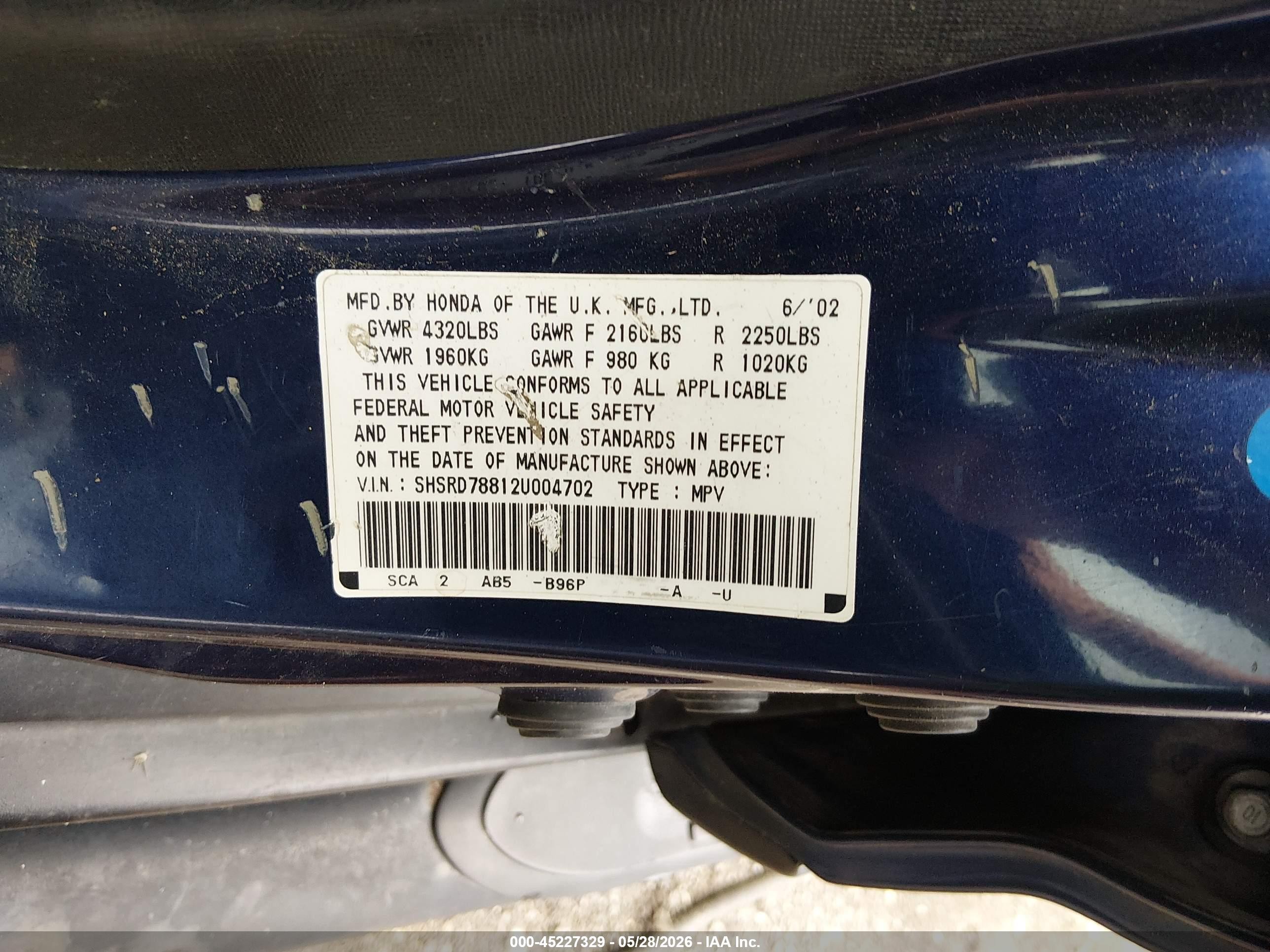 2002 Honda Cr-v Ex Blue vin: SHSRD78812U004702