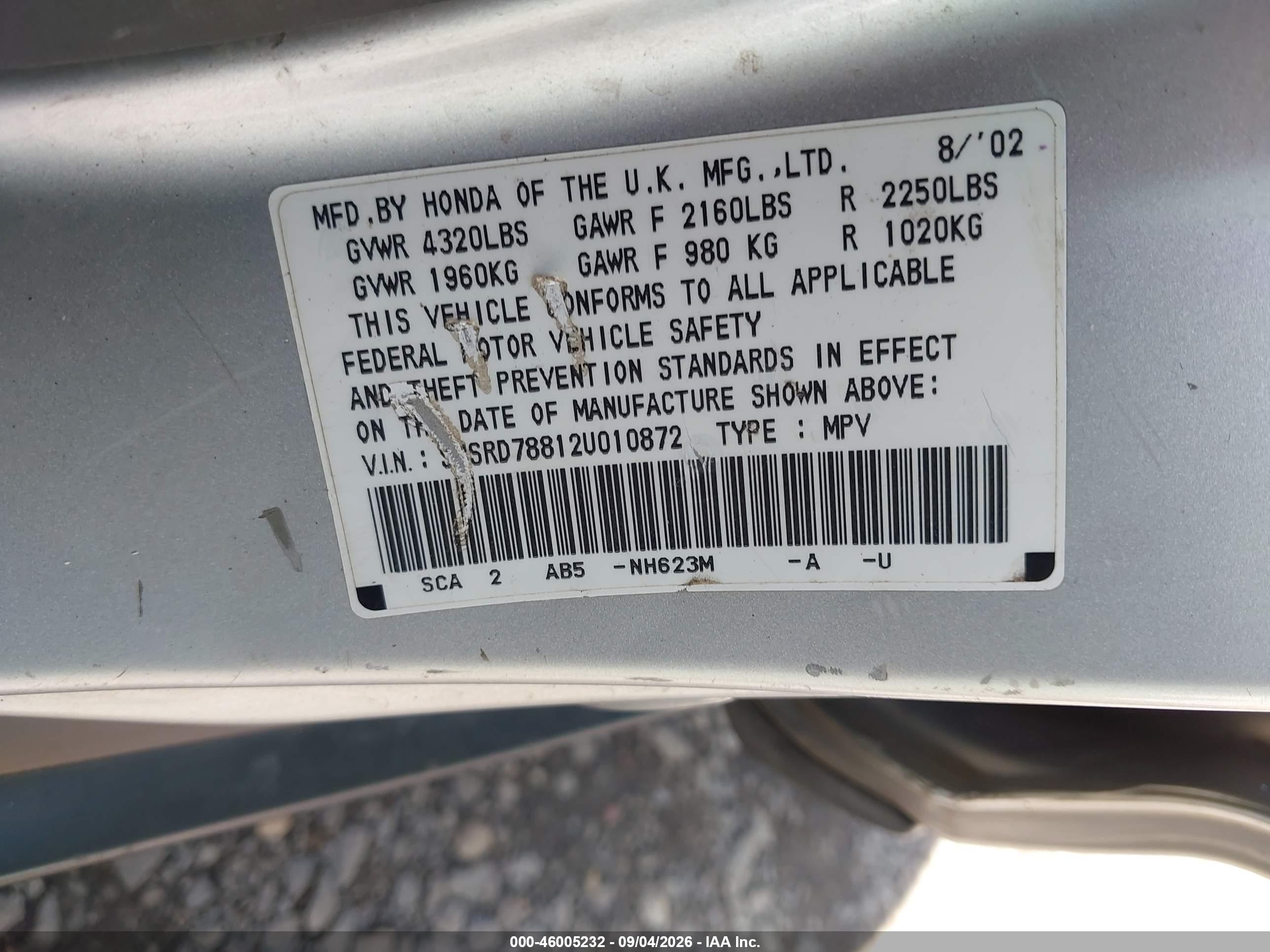 2002 Honda Cr-v Ex Silver vin: SHSRD78812U010872