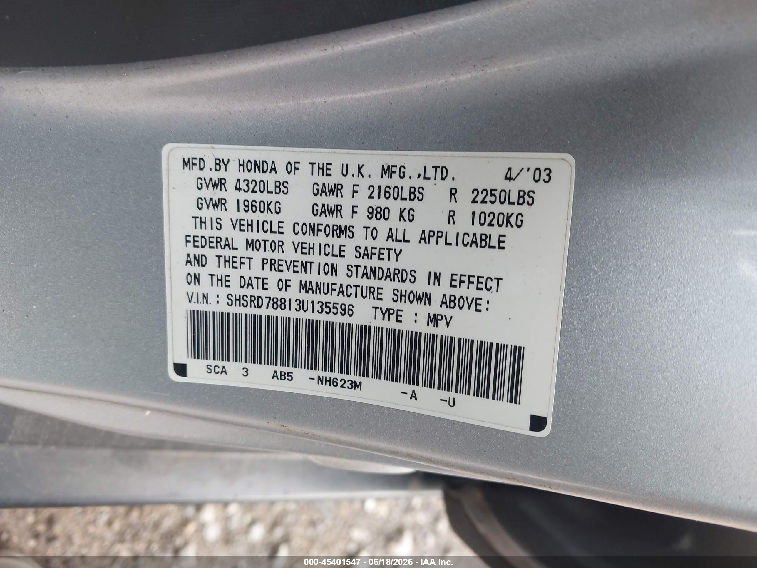 2003 Honda Cr-v Ex Silver vin: SHSRD78813U135596