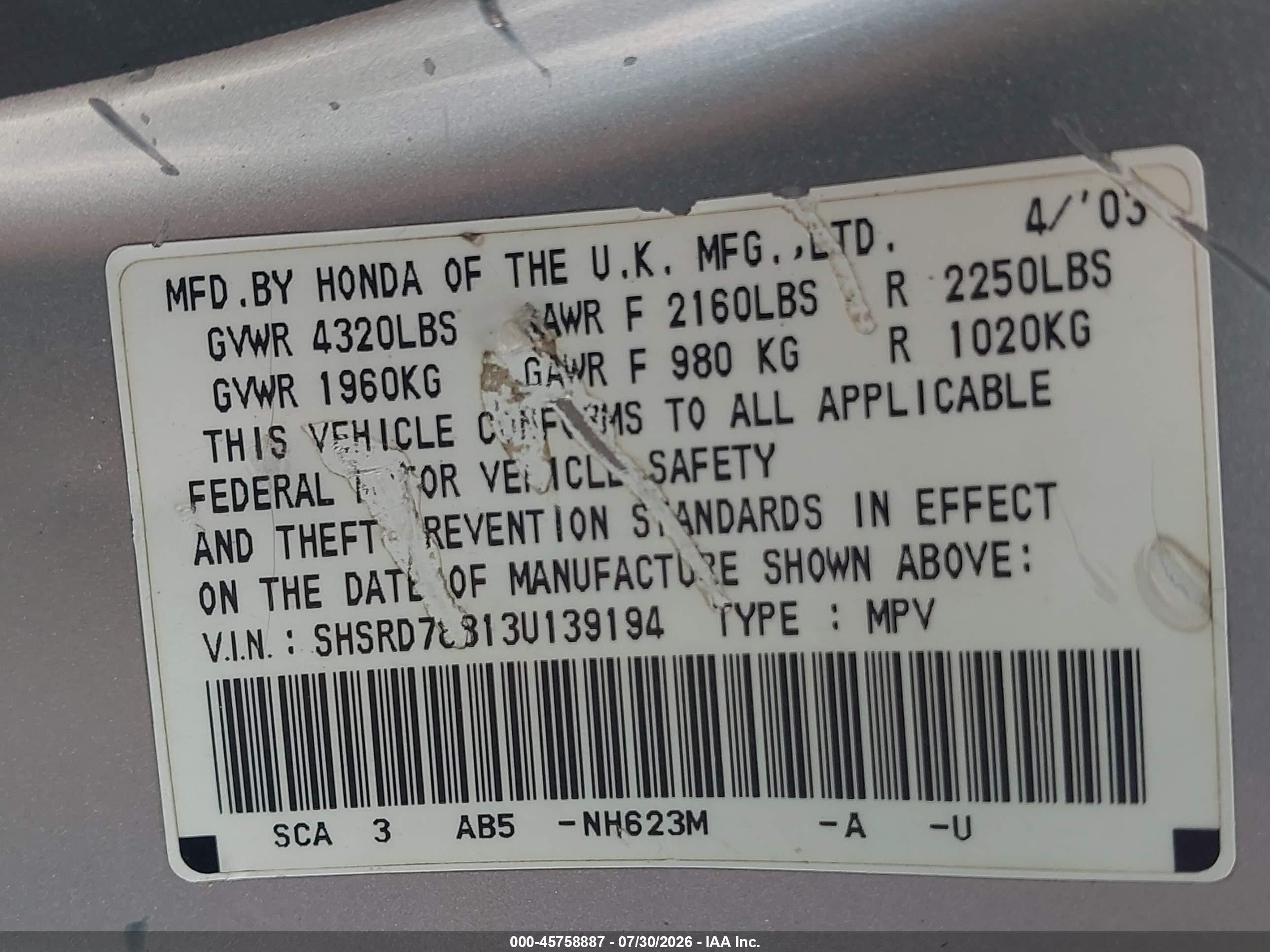 2003 Honda Cr-v Ex Silver vin: SHSRD78813U139194