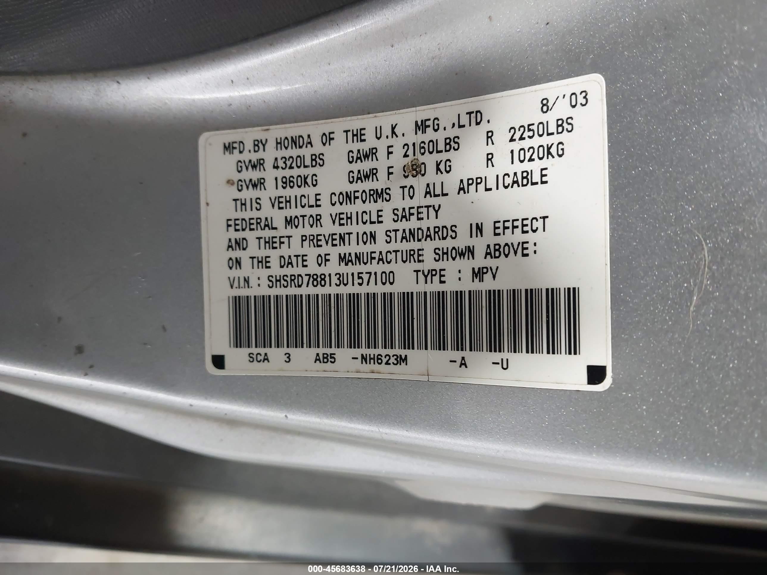 2003 Honda Cr-v Ex Silver vin: SHSRD78813U157100