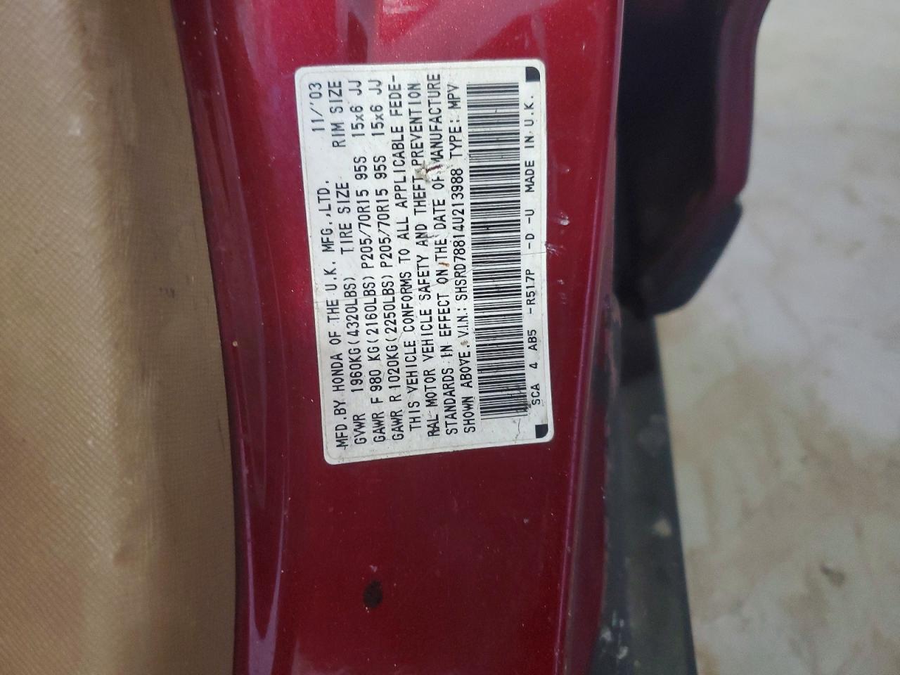 2004 Honda Cr-v Ex Burgundy vin: SHSRD78814U213988