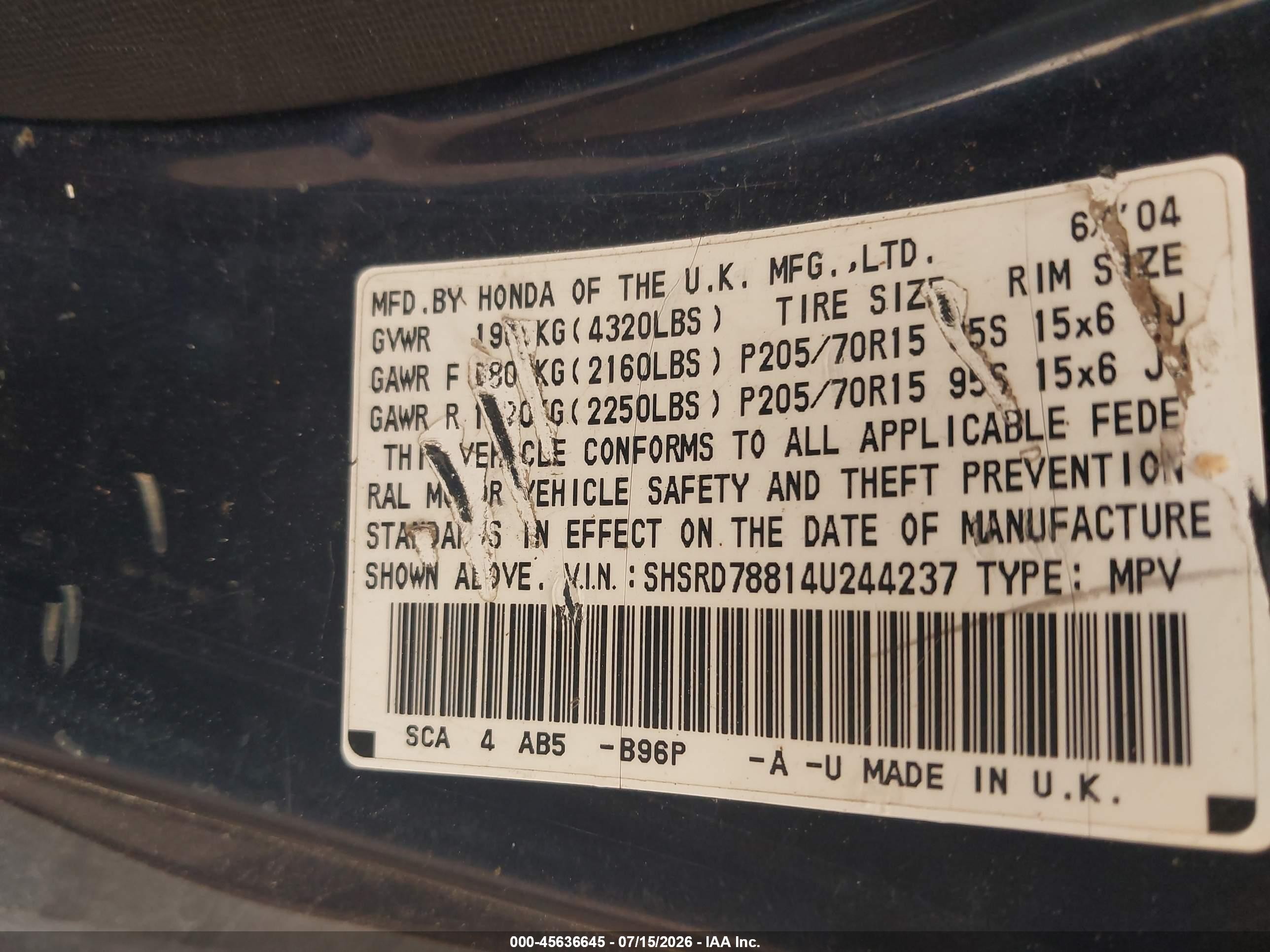 2004 Honda Cr-v Ex Blue vin: SHSRD78814U244237