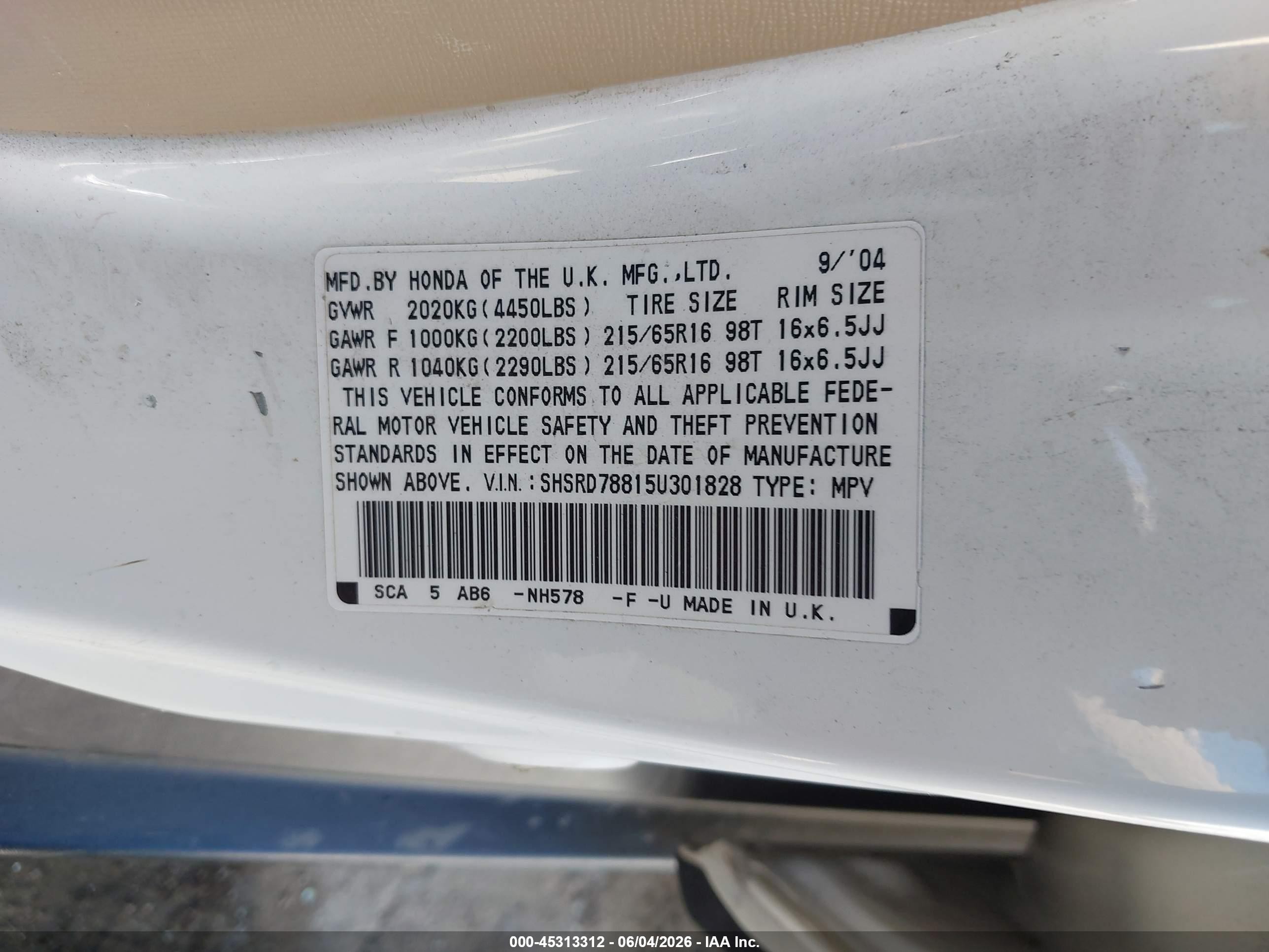 2005 Honda Cr-v Ex White vin: SHSRD78815U301828