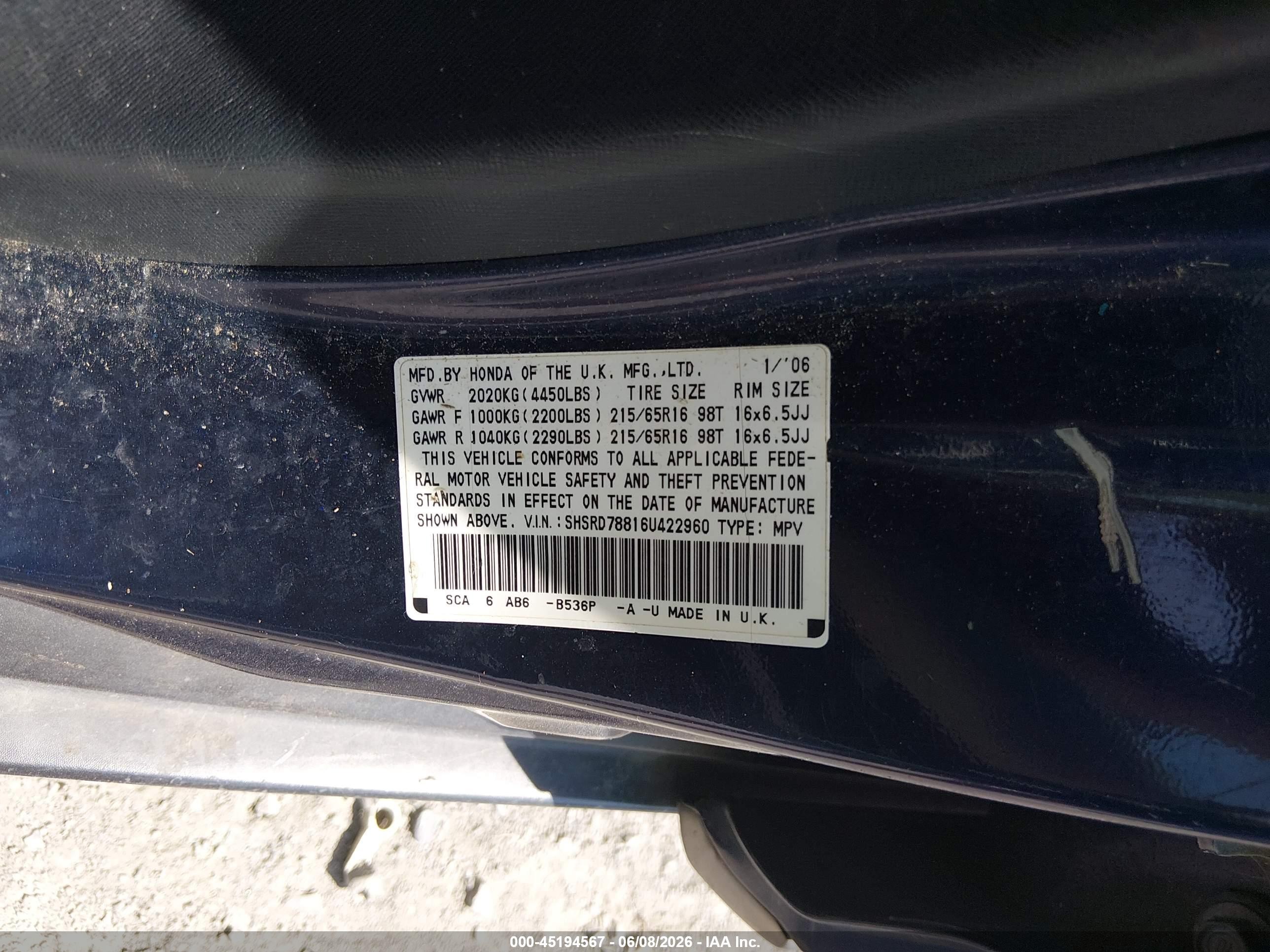 2006 Honda Cr-v Ex Dark Blue vin: SHSRD78816U422960
