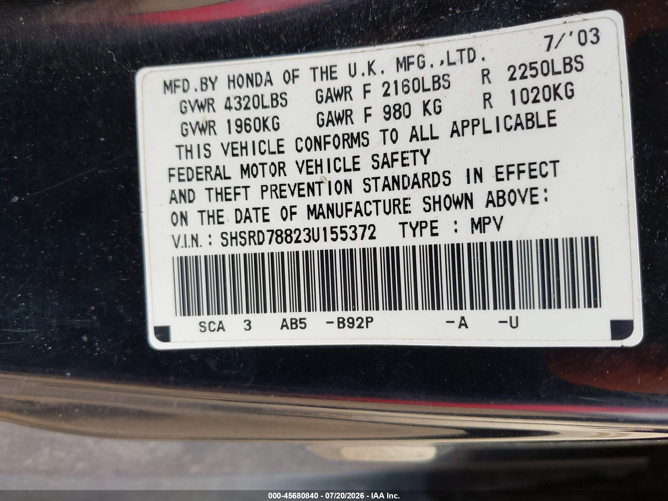 2003 Honda Cr-v Ex Black vin: SHSRD78823U155372