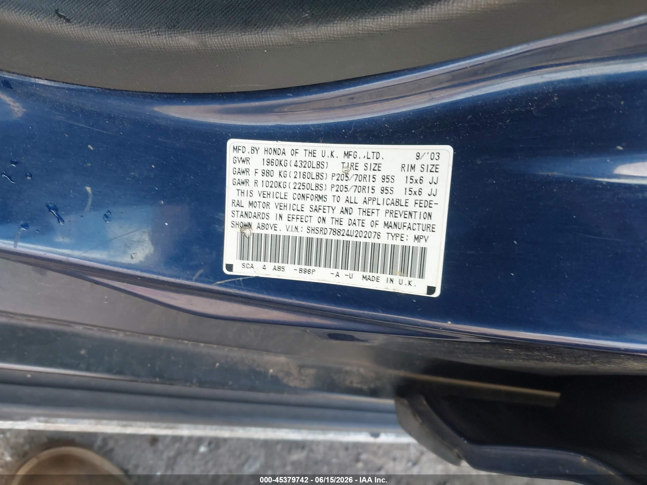 2004 Honda Cr-v Ex Blue vin: SHSRD78824U202076