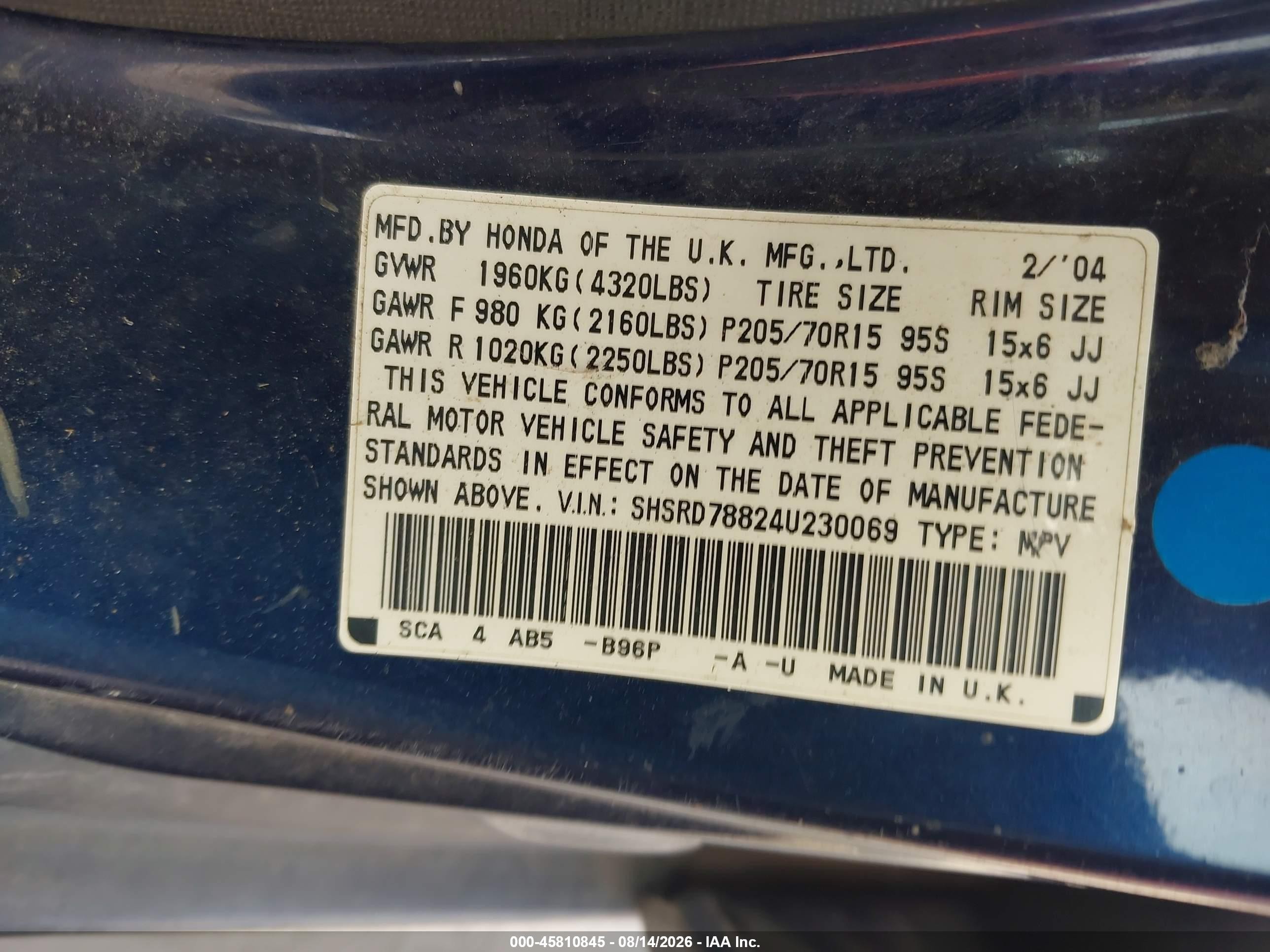 2004 Honda Cr-v Ex Blue vin: SHSRD78824U230069