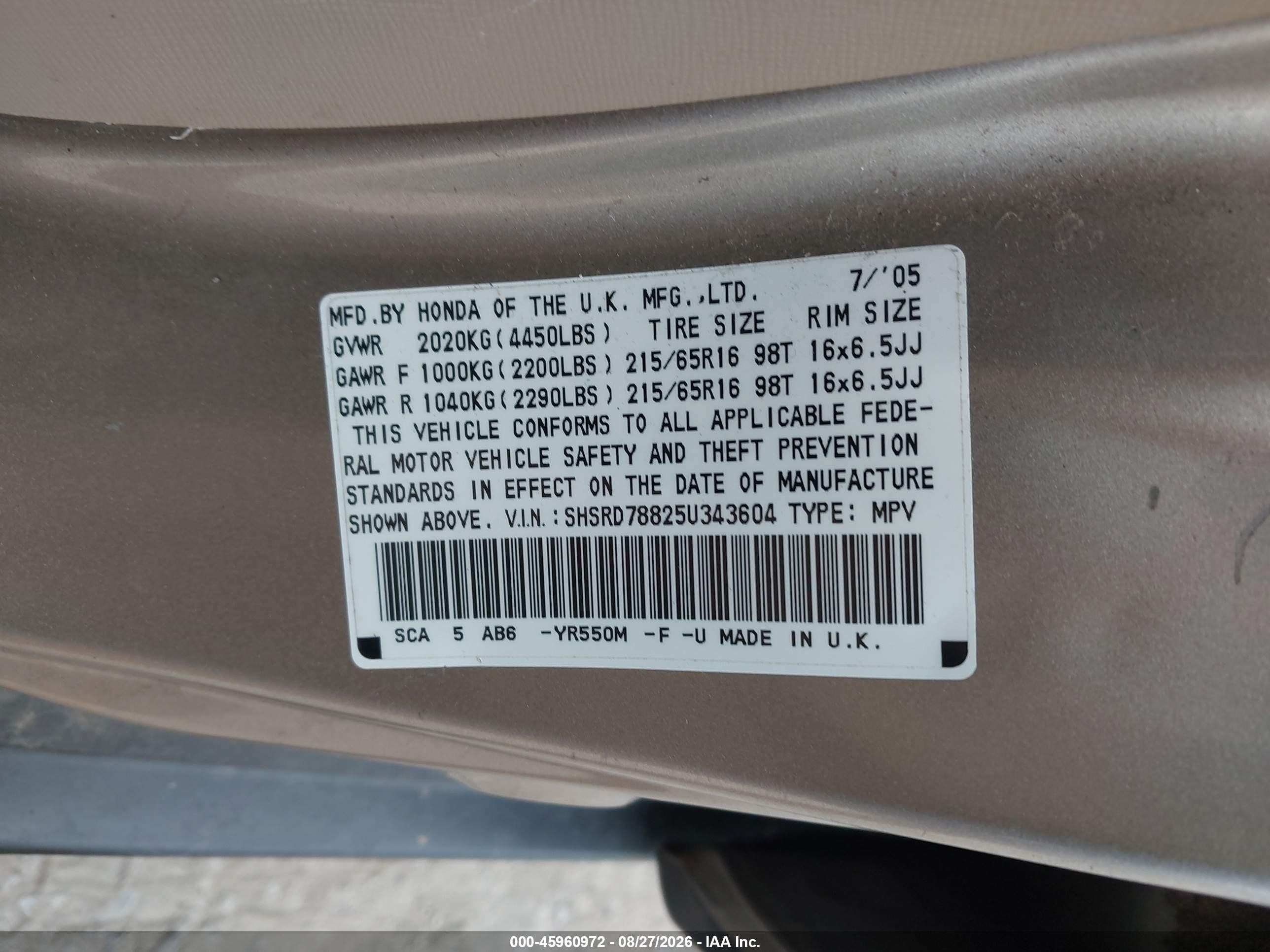 2005 Honda Cr-v Ex Gold vin: SHSRD78825U343604
