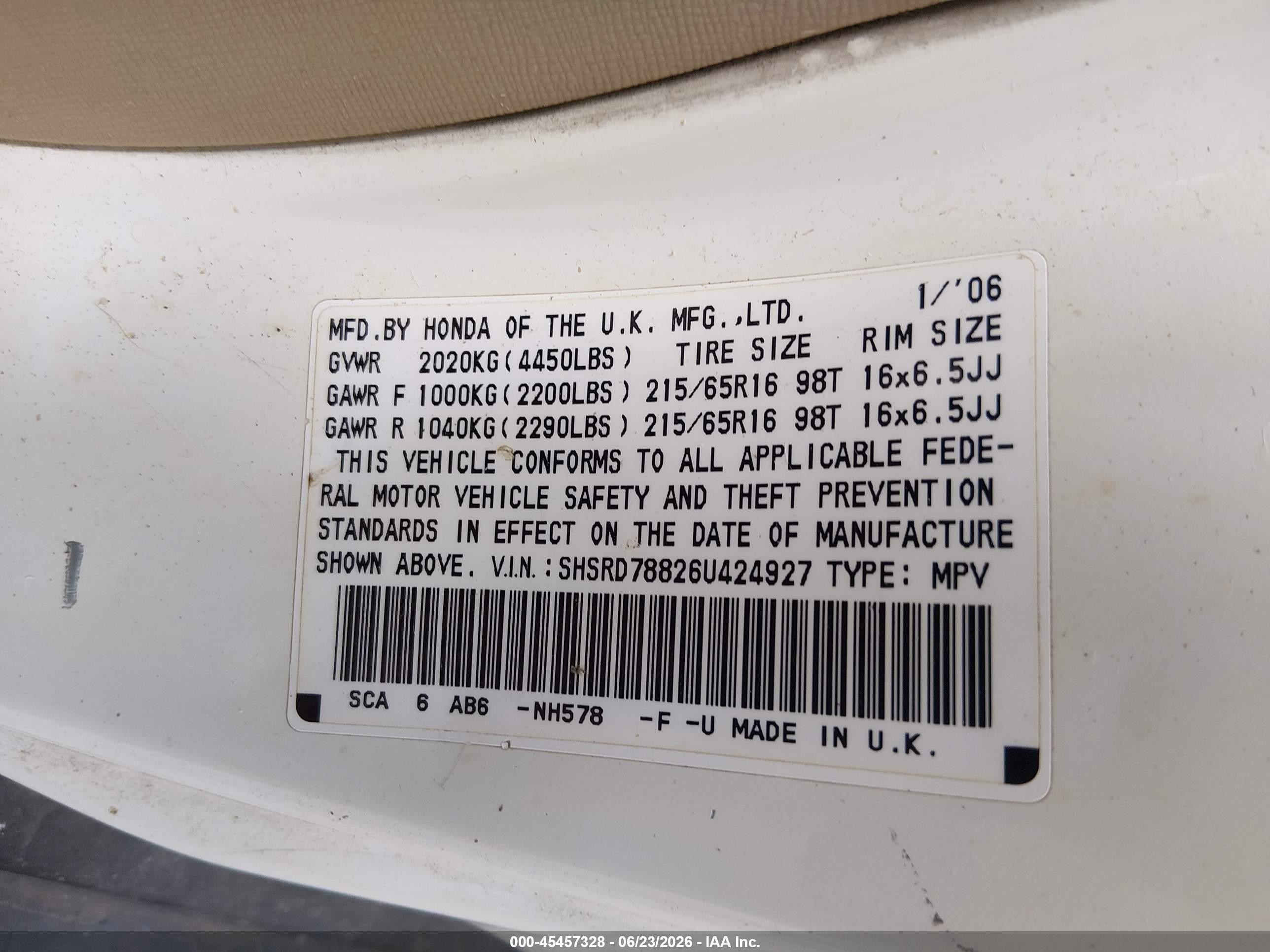 2006 Honda Cr-v Ex White vin: SHSRD78826U424927