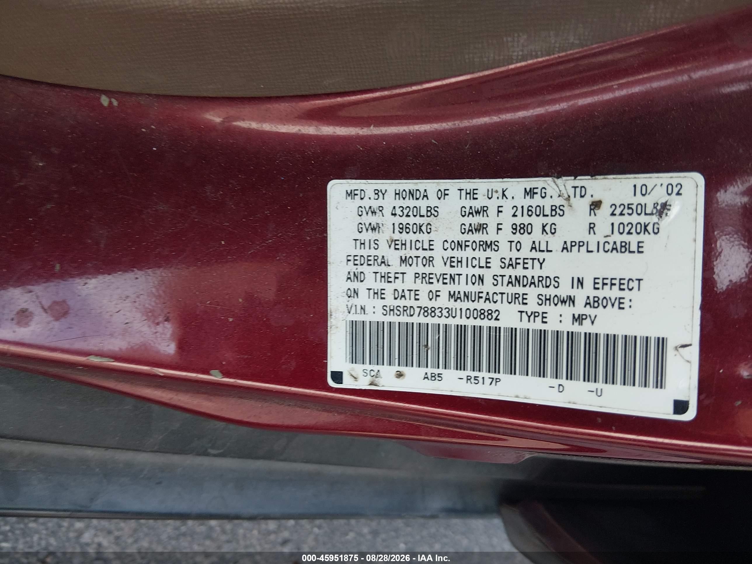 2003 Honda Cr-v Ex Red vin: SHSRD78833U100882