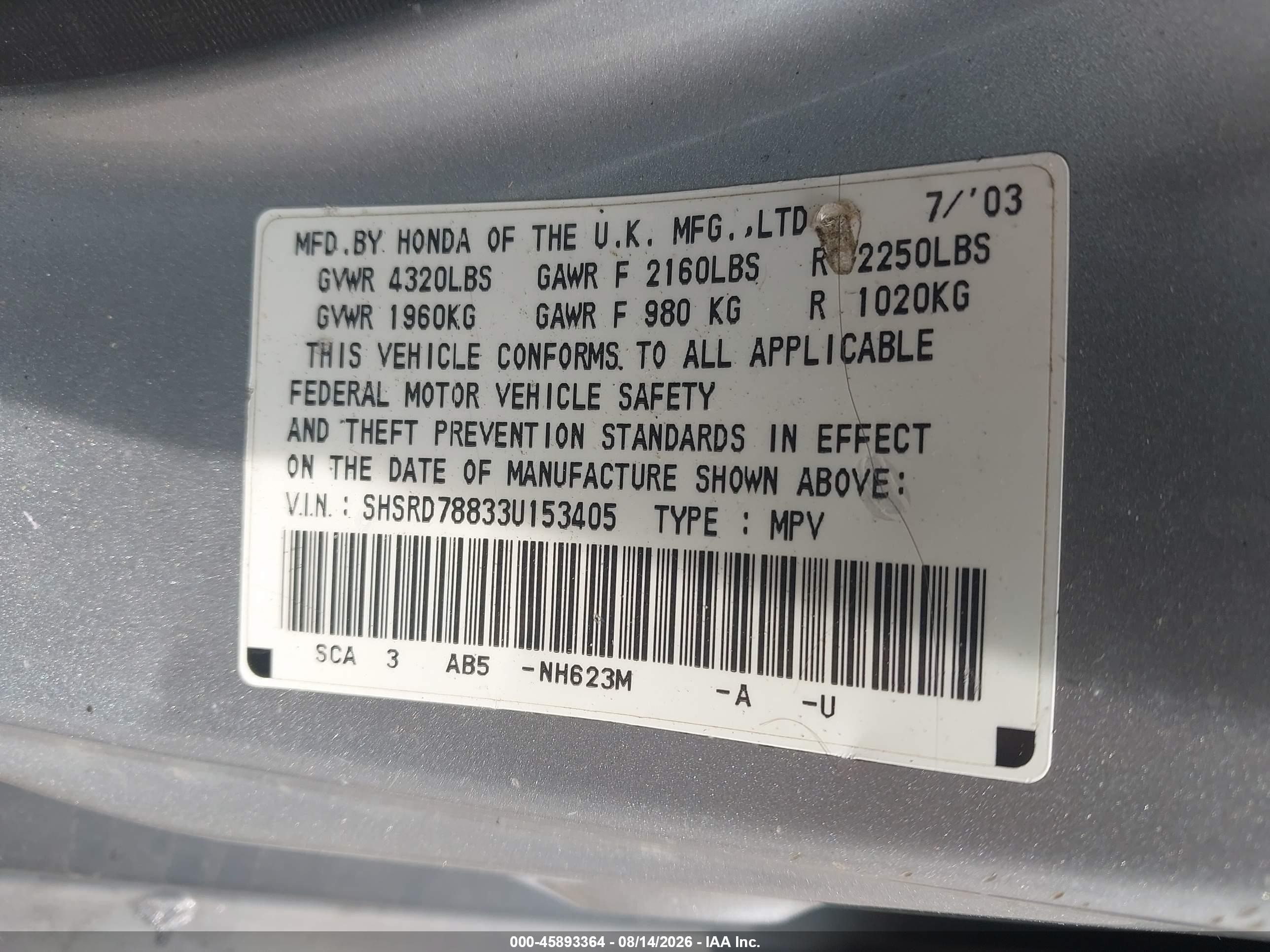 2003 Honda Cr-v Ex Silver vin: SHSRD78833U153405