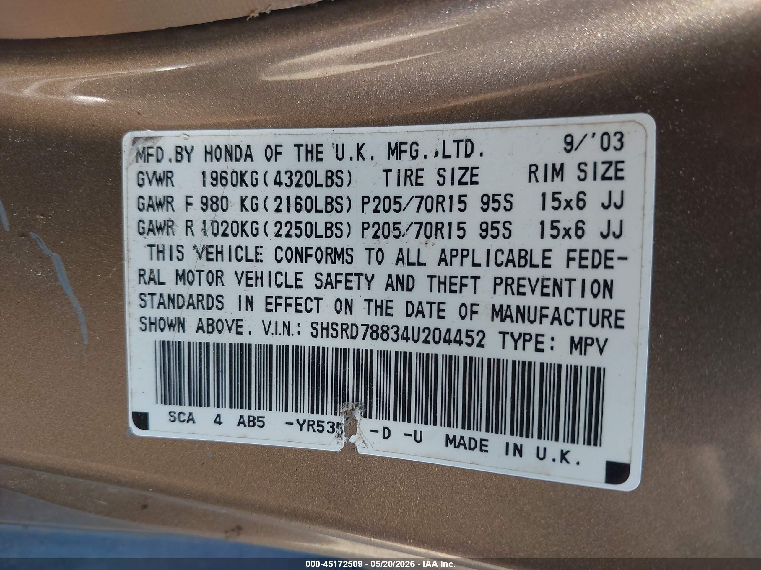 2004 Honda Cr-v Ex Beige vin: SHSRD78834U204452