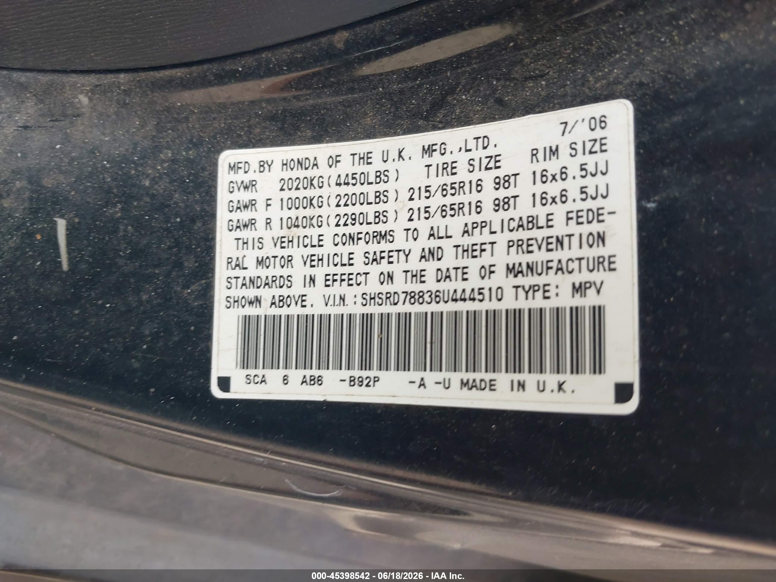 2006 Honda Cr-v Ex Black vin: SHSRD78836U444510