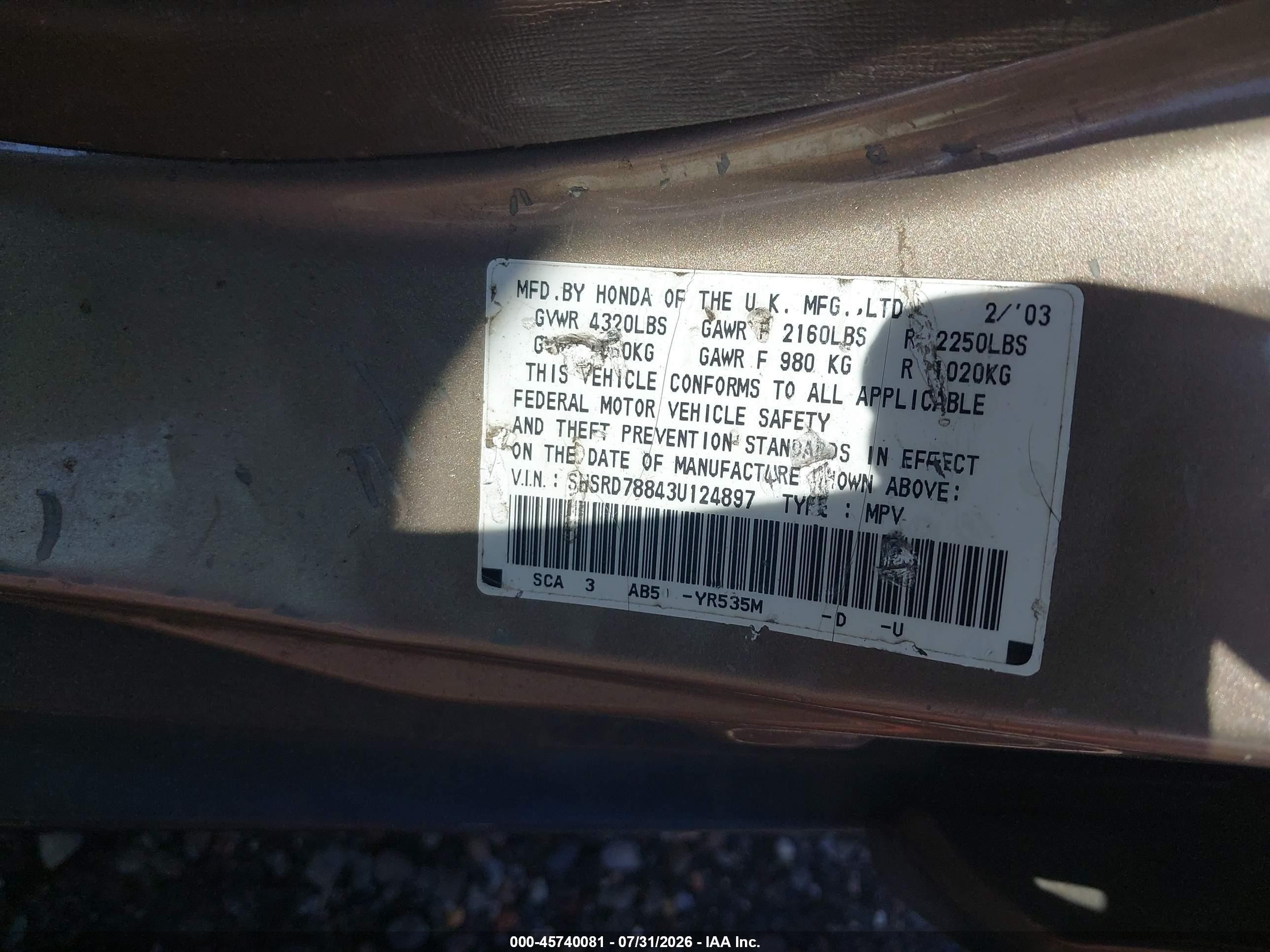 2003 Honda Cr-v Ex Brown vin: SHSRD78843U124897