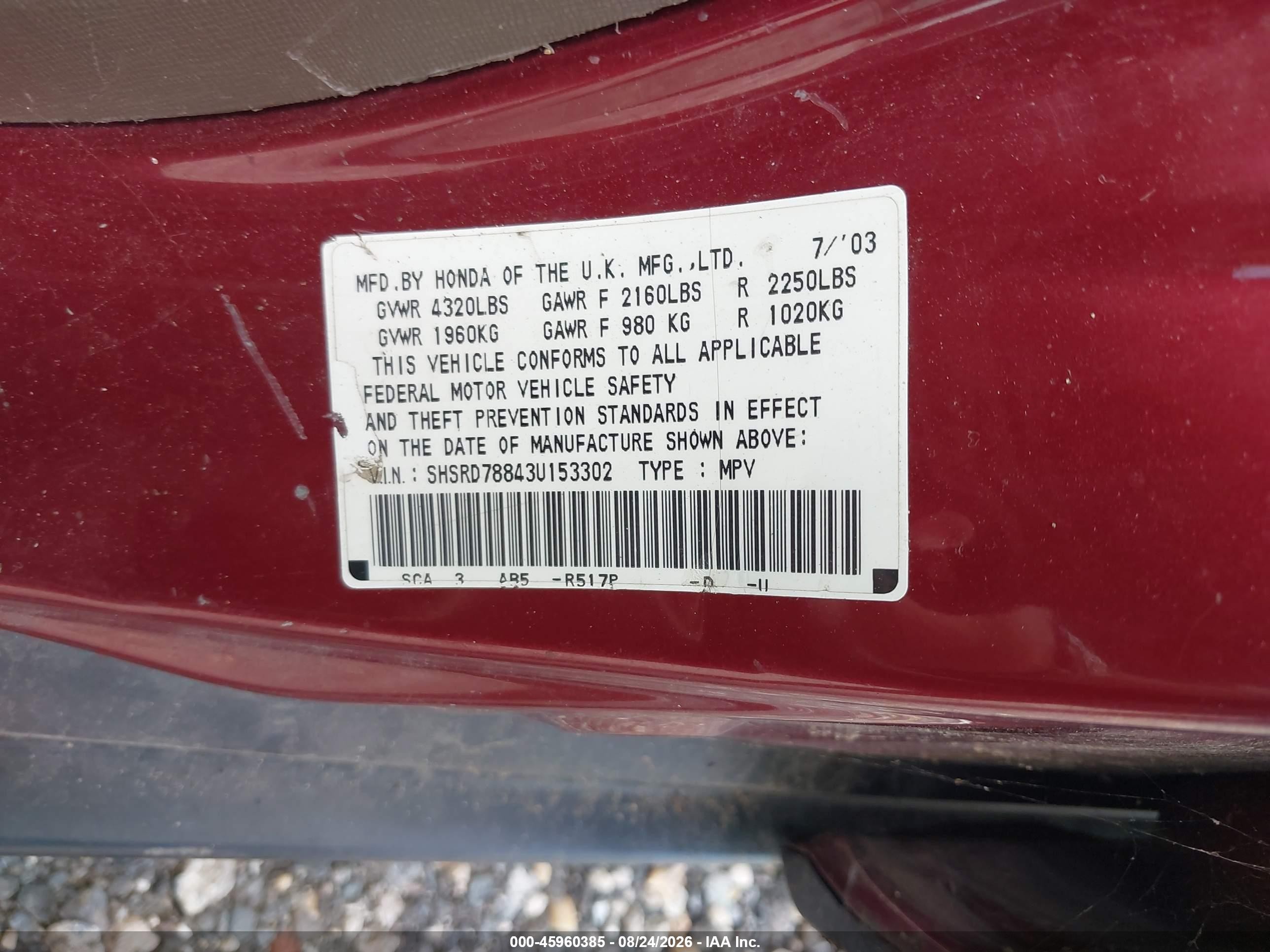 2003 Honda Cr-v Ex Red vin: SHSRD78843U153302