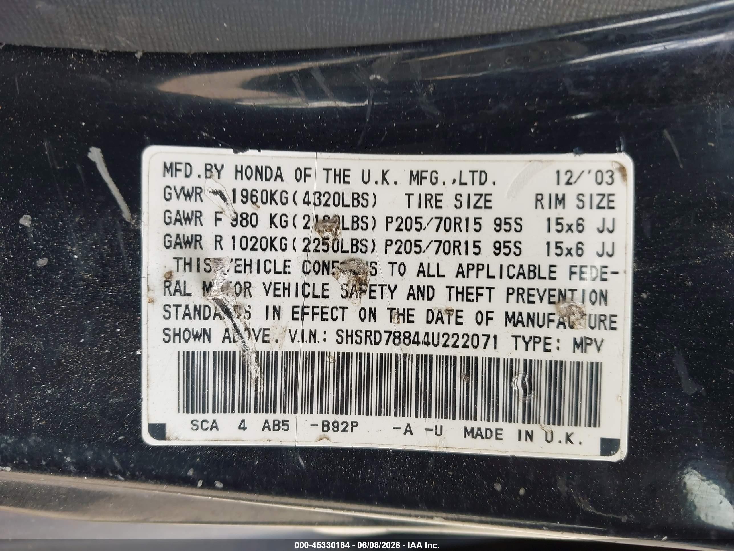 2004 Honda Cr-v Ex Black vin: SHSRD78844U222071