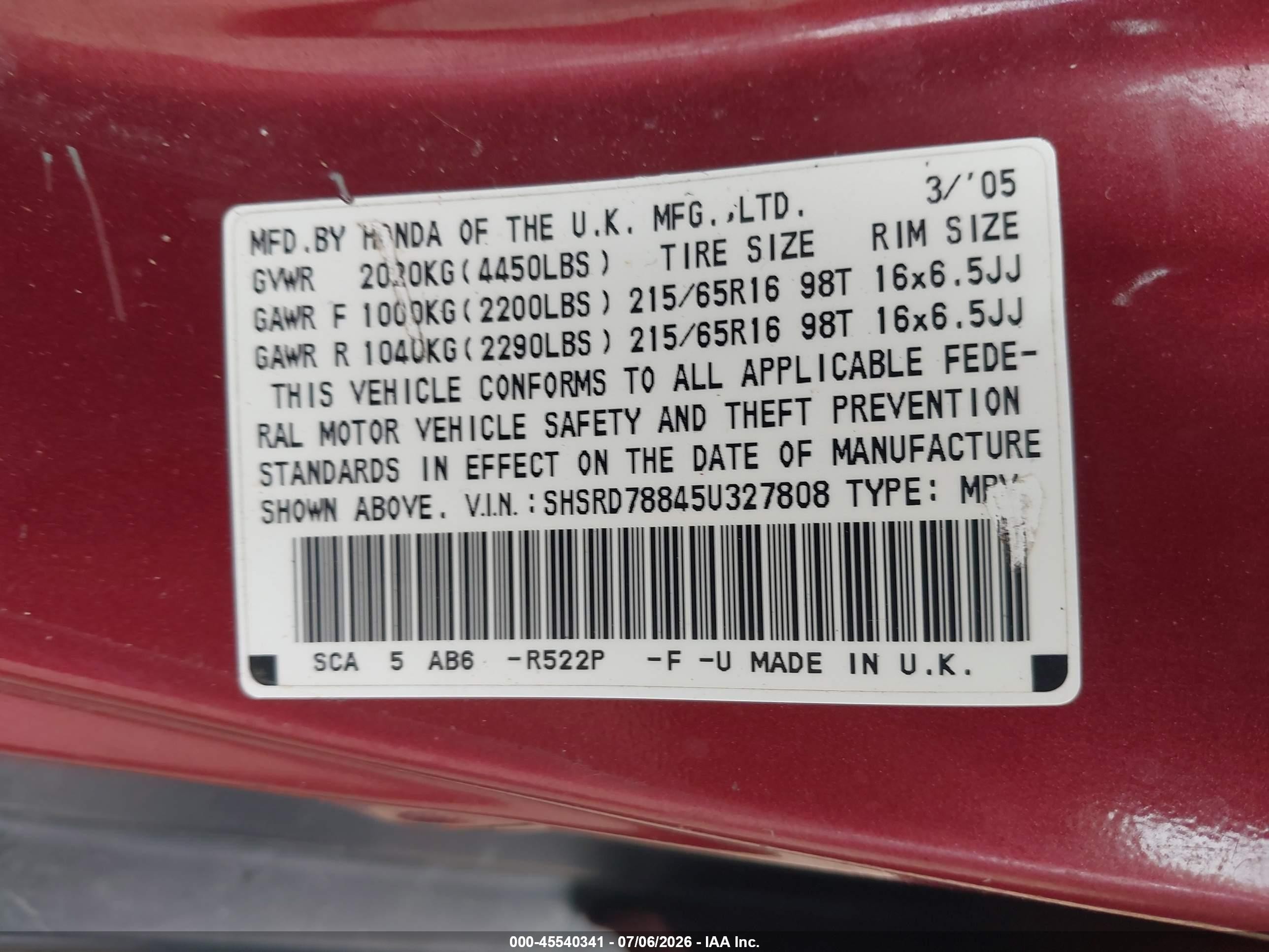 2005 Honda Cr-v Ex Red vin: SHSRD78845U327808
