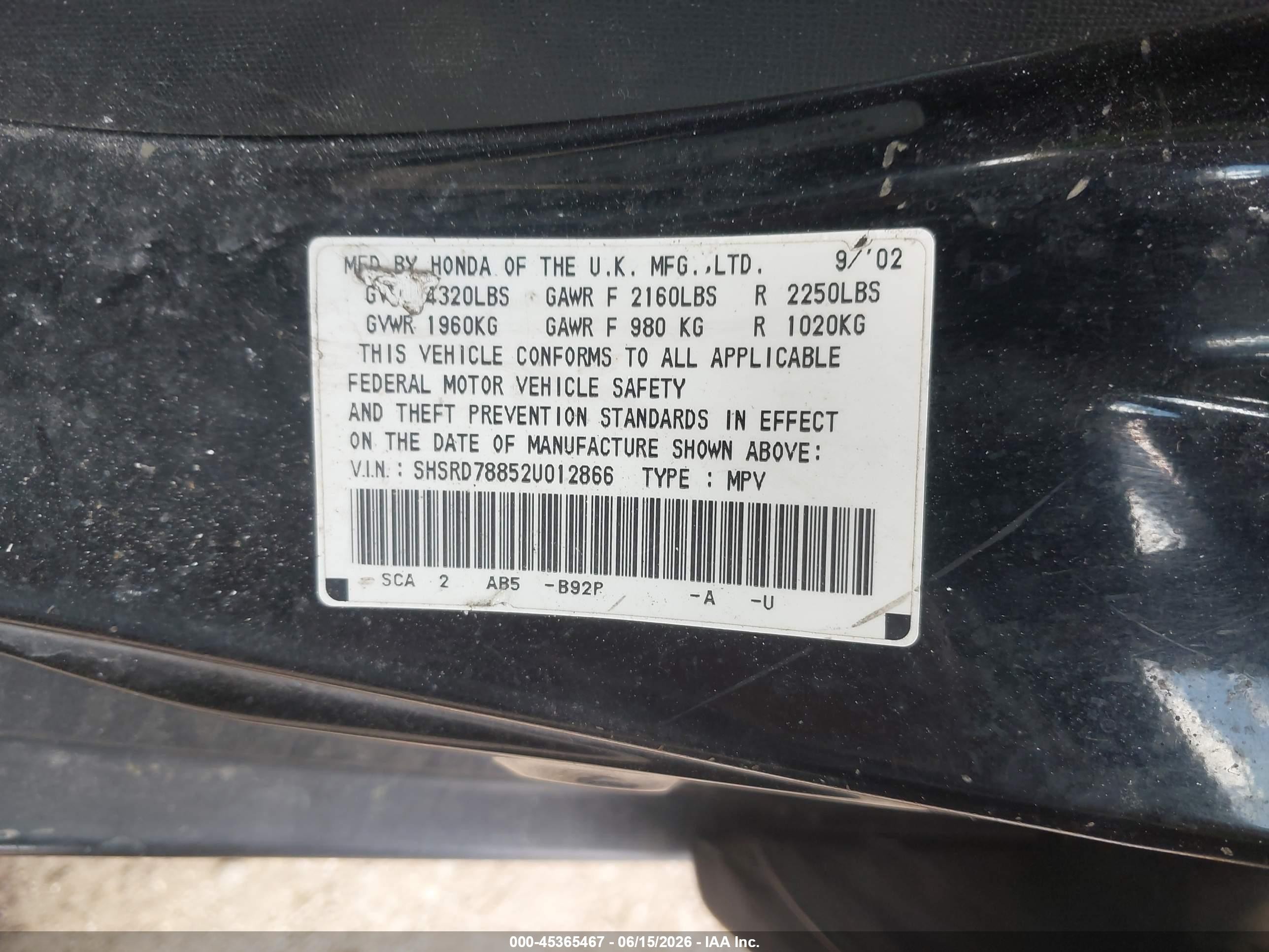 2002 Honda Cr-v Ex Black vin: SHSRD78852U012866