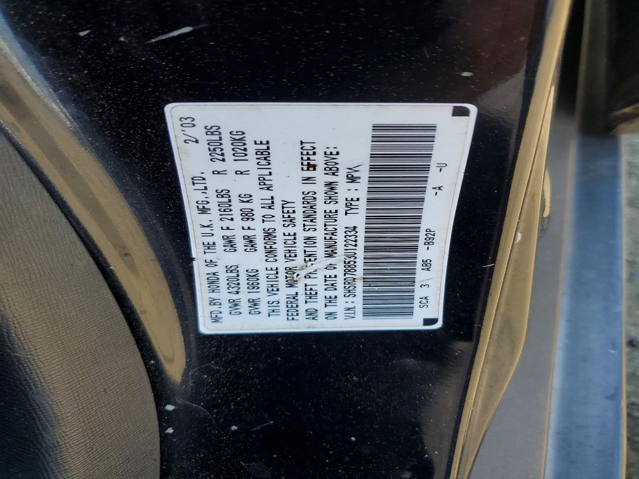 2003 Honda Cr-v Ex Black vin: SHSRD78853U122334