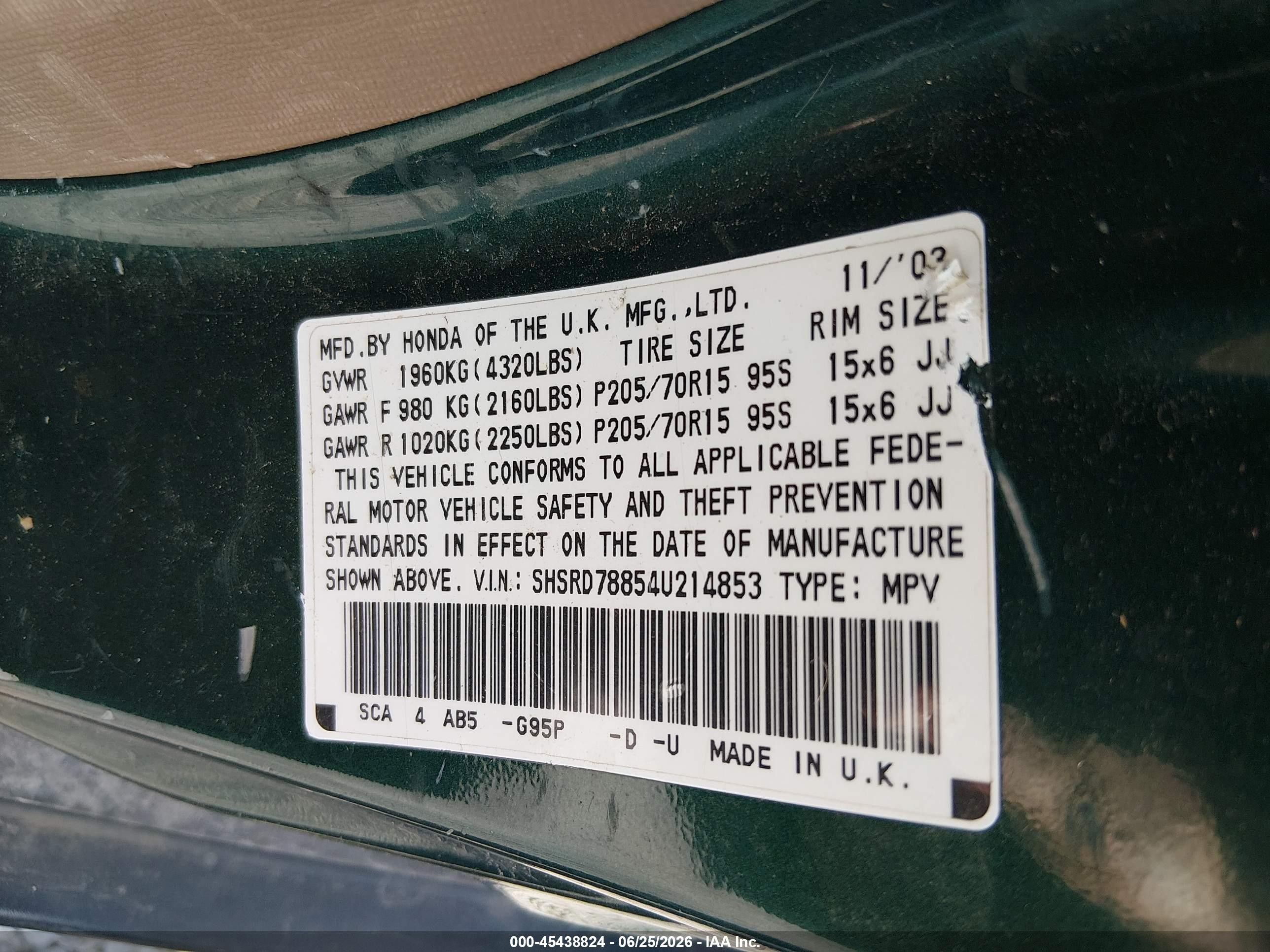 2004 Honda Cr-v Ex Green vin: SHSRD78854U214853