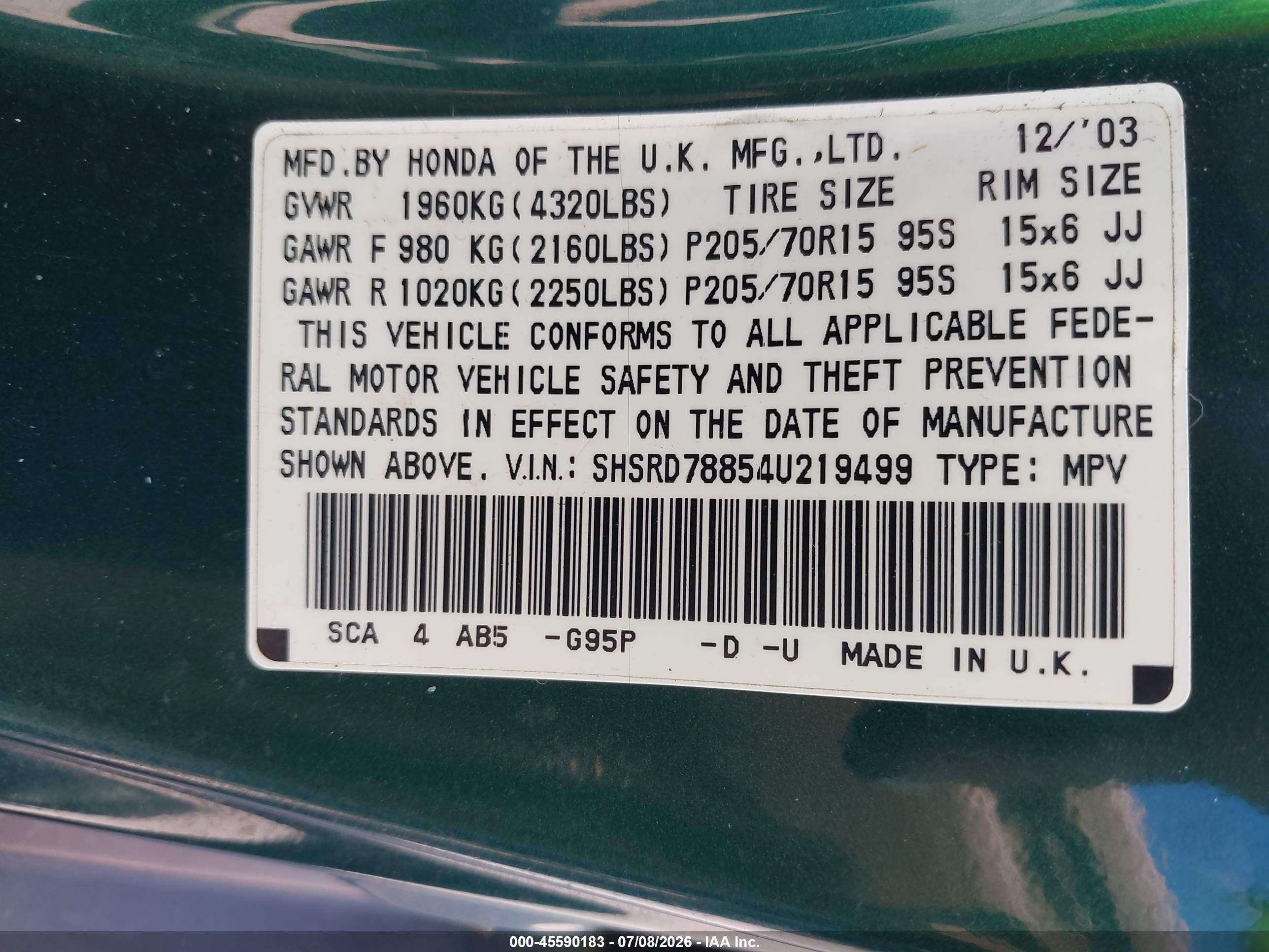 2004 Honda Cr-v Ex Green vin: SHSRD78854U219499