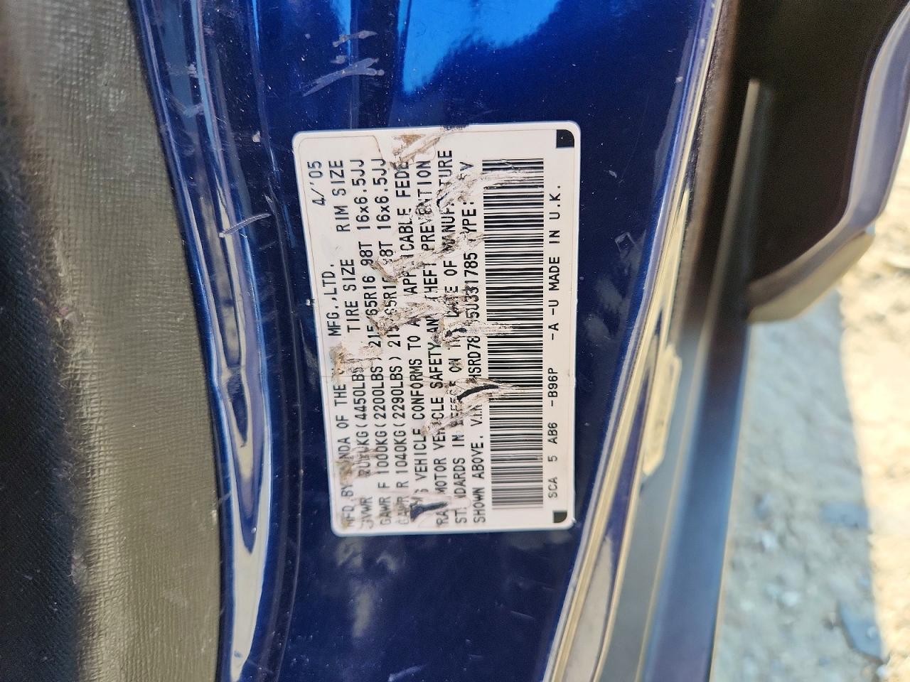 2005 Honda Cr-v Ex Blue vin: SHSRD78855U331785