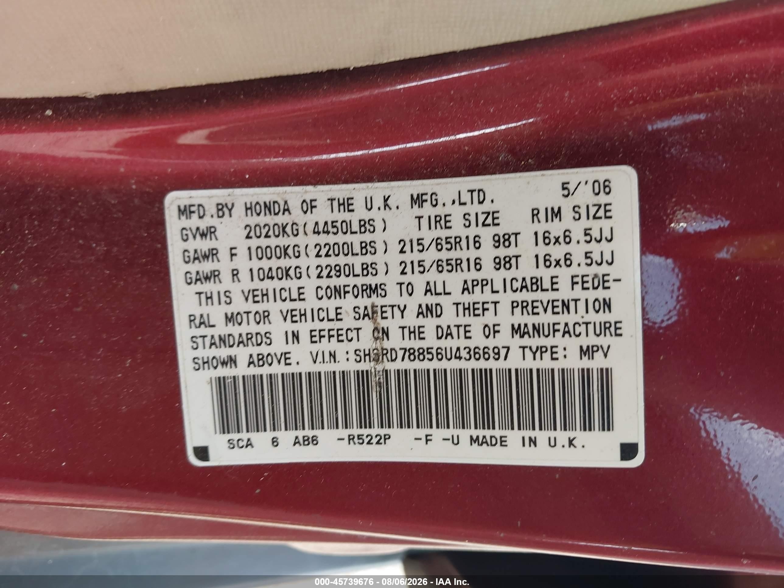 2006 Honda Cr-v Ex Burgundy vin: SHSRD78856U436697