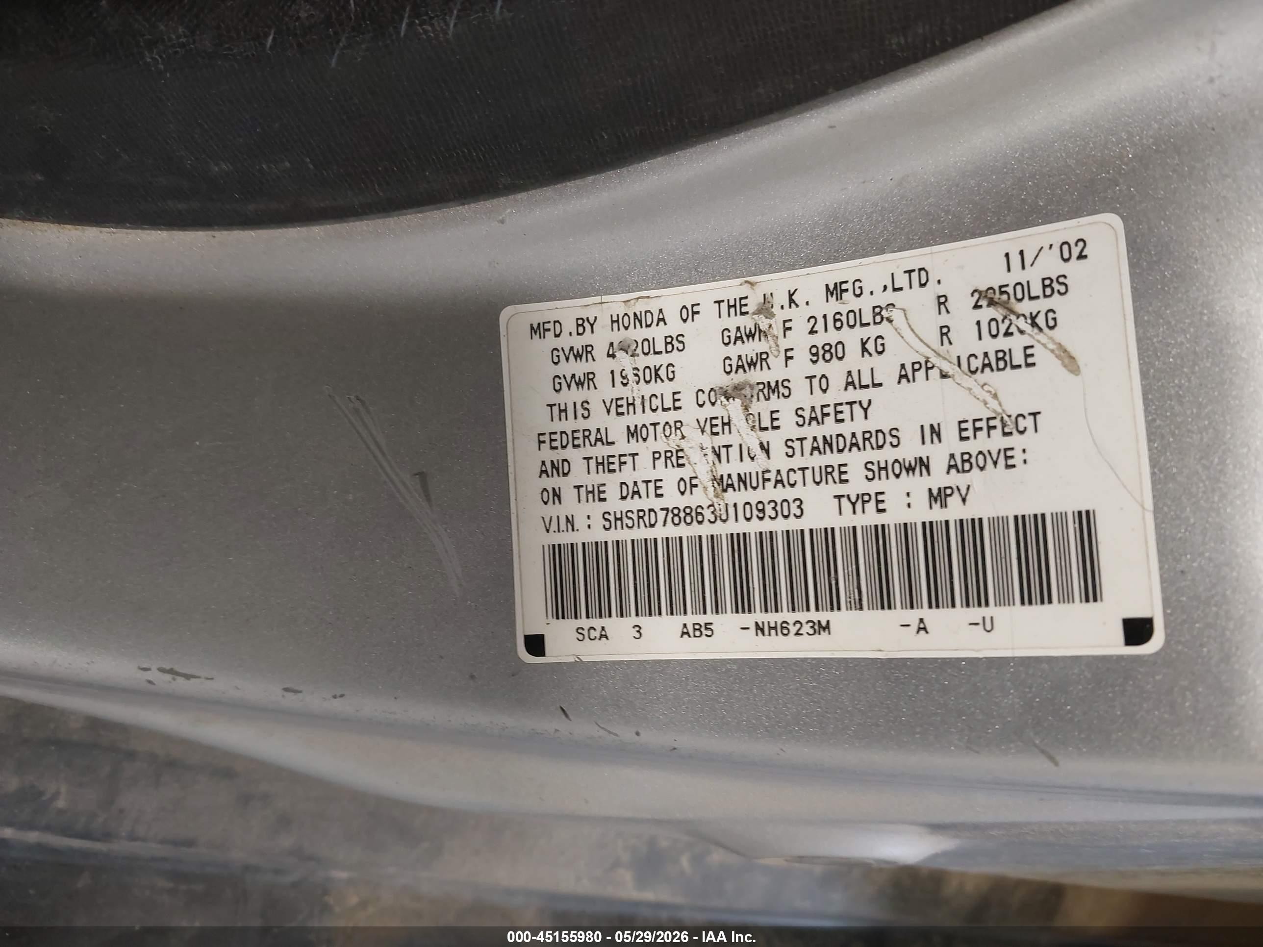 2003 Honda Cr-v Ex Серебряный vin: SHSRD78863U109303