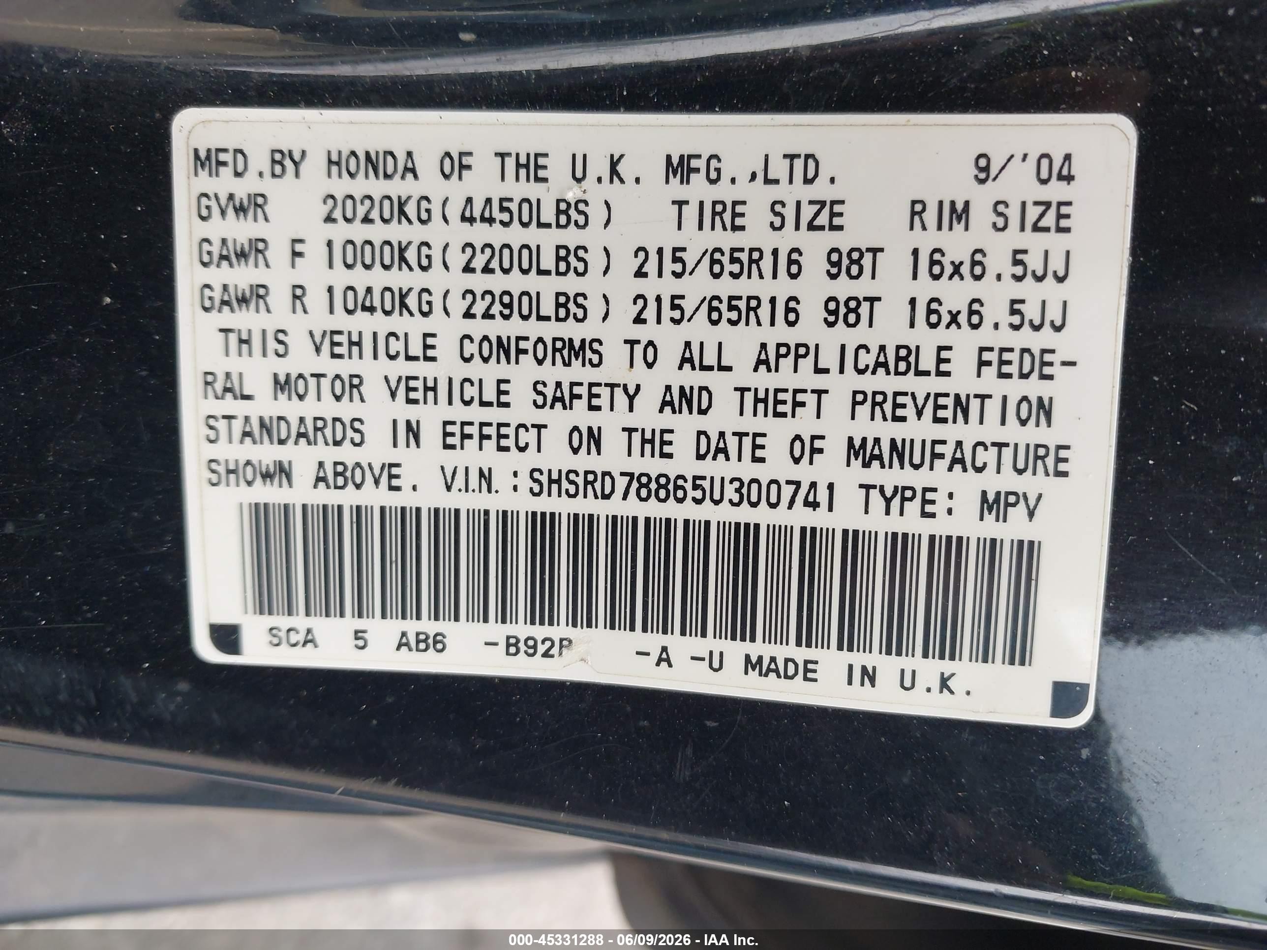 2005 Honda Cr-v Ex Black vin: SHSRD78865U300741