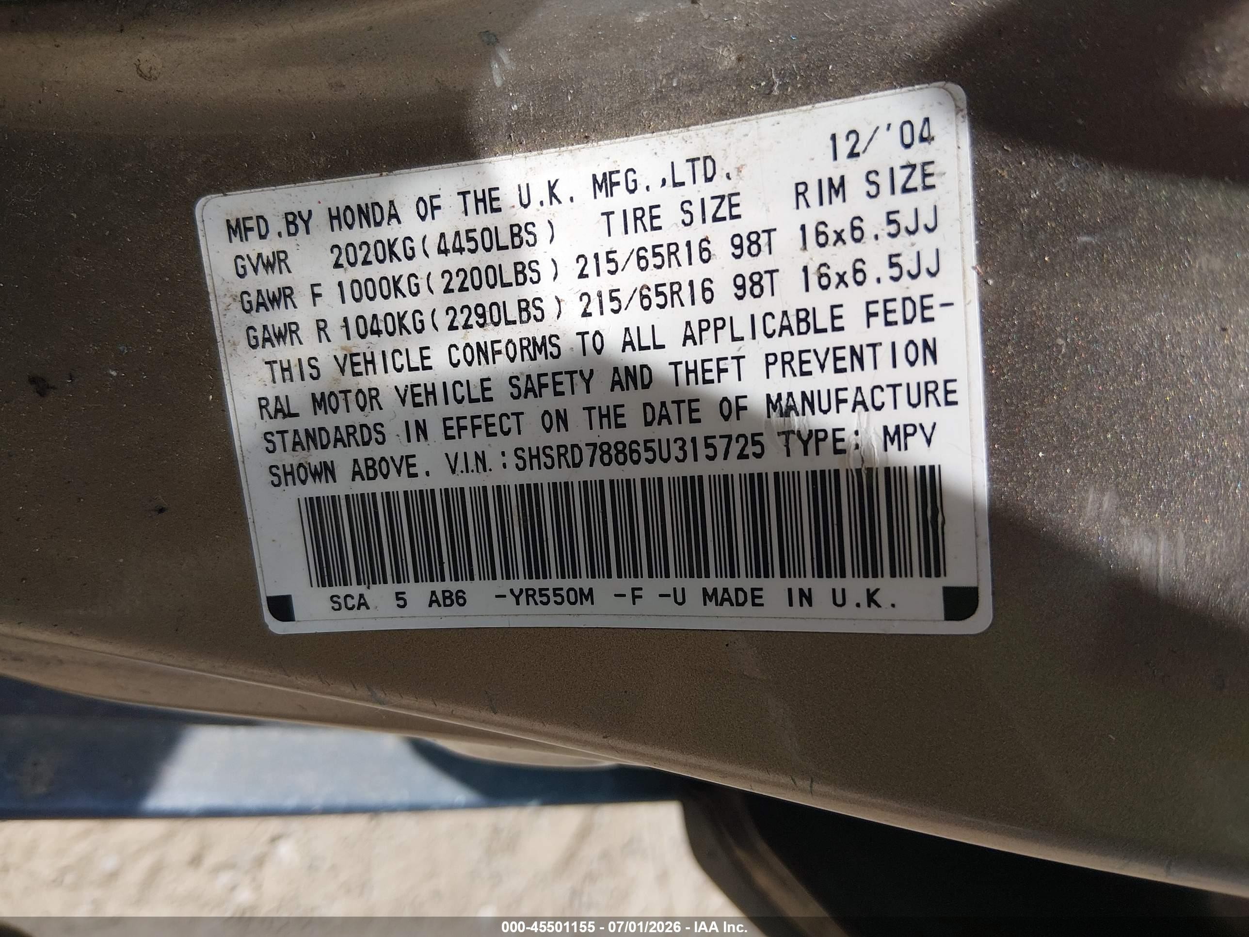 2005 Honda Cr-v Ex Pewter vin: SHSRD78865U315725