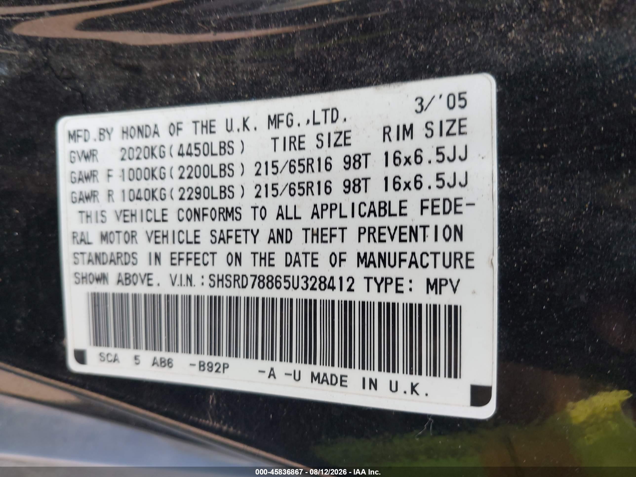 2005 Honda Cr-v Ex Black vin: SHSRD78865U328412