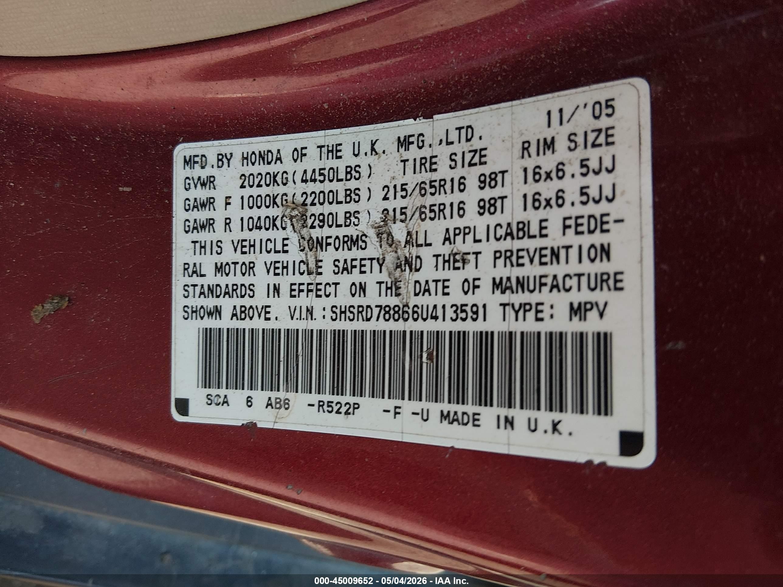 2006 Honda Cr-v Ex Red vin: SHSRD78866U413591