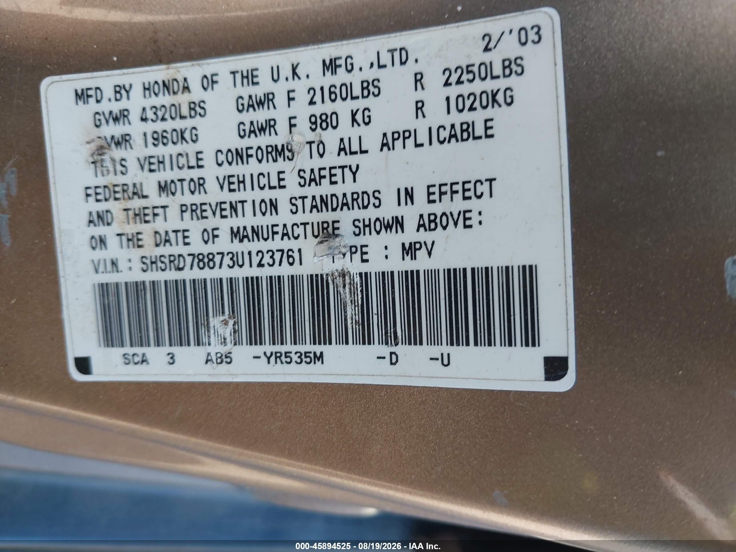 2003 Honda Cr-v Ex Gold vin: SHSRD78873U123761