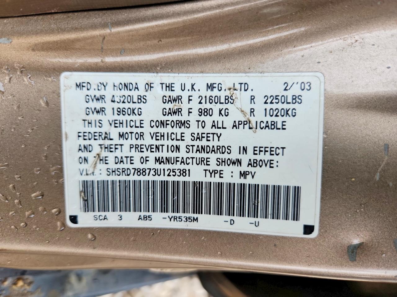 2003 Honda Cr-v Ex Tan vin: SHSRD78873U125381