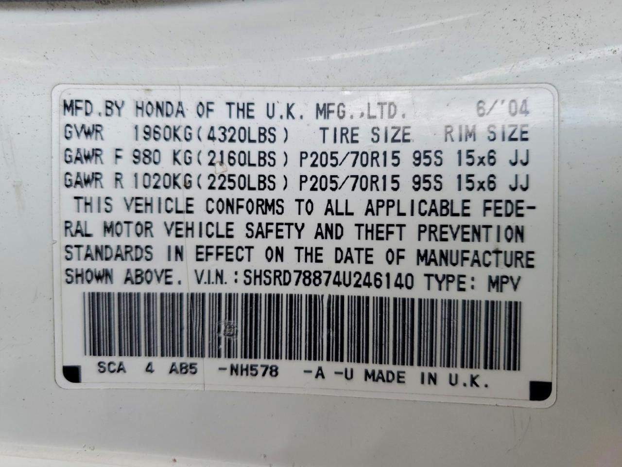 2004 Honda Cr-v Ex White vin: SHSRD78874U246140