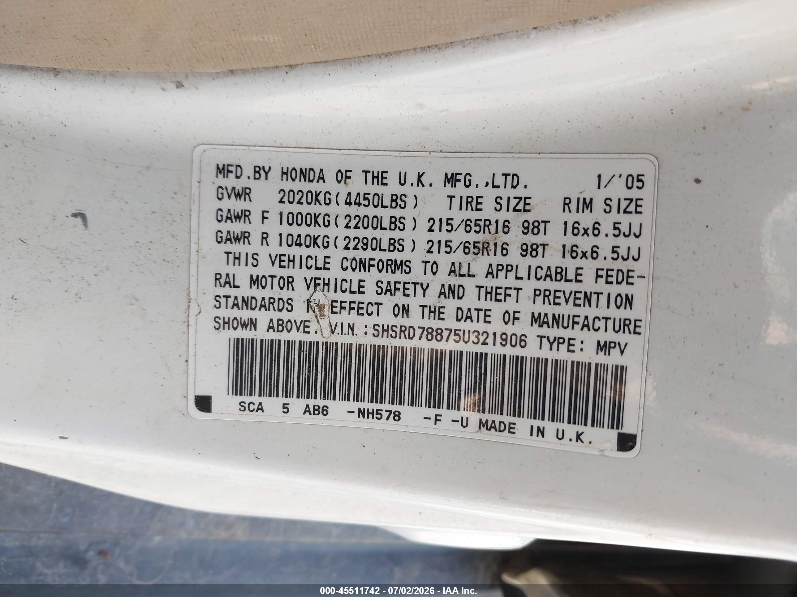 2005 Honda Cr-v Ex White vin: SHSRD78875U321906