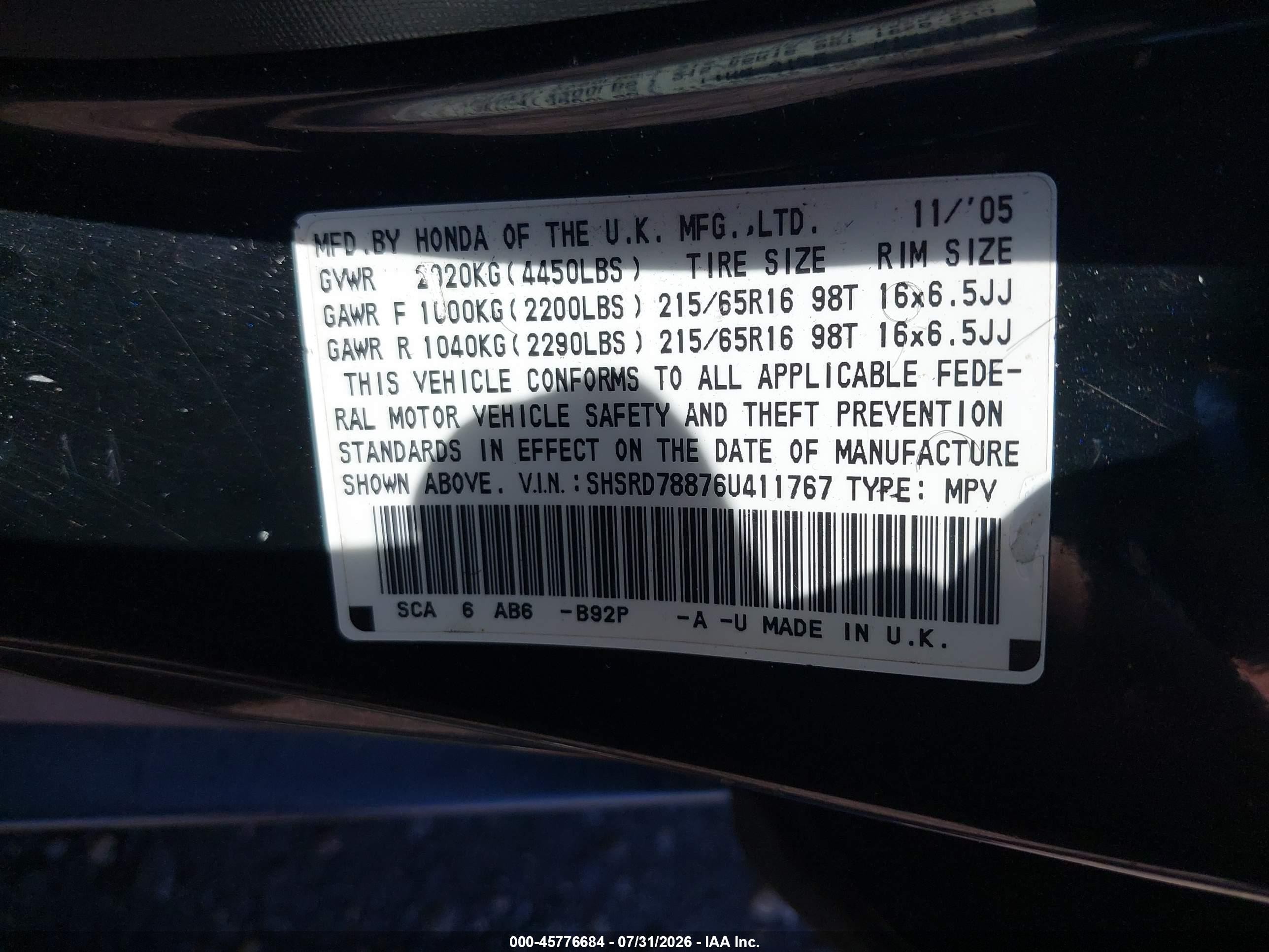 2006 Honda Cr-v Ex Black vin: SHSRD78876U411767