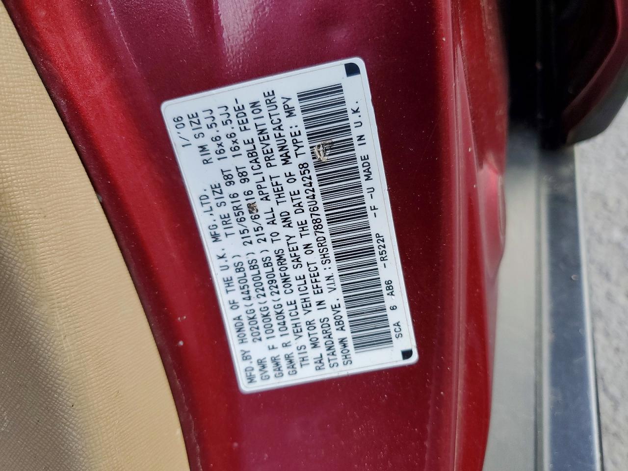 2006 Honda Cr-v Ex Maroon vin: SHSRD78876U424258