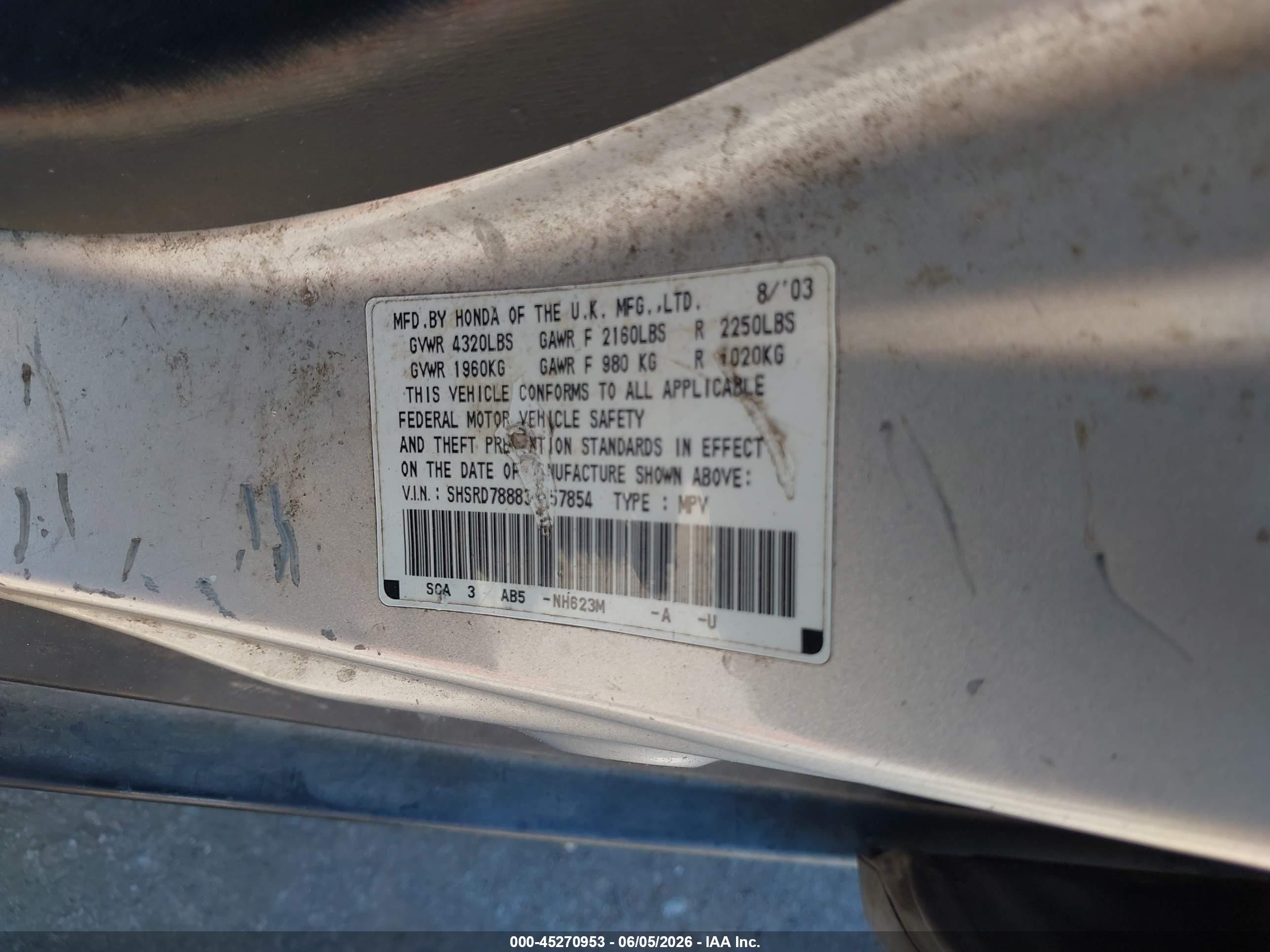 2003 Honda Cr-v Ex Серебряный vin: SHSRD78883U157854