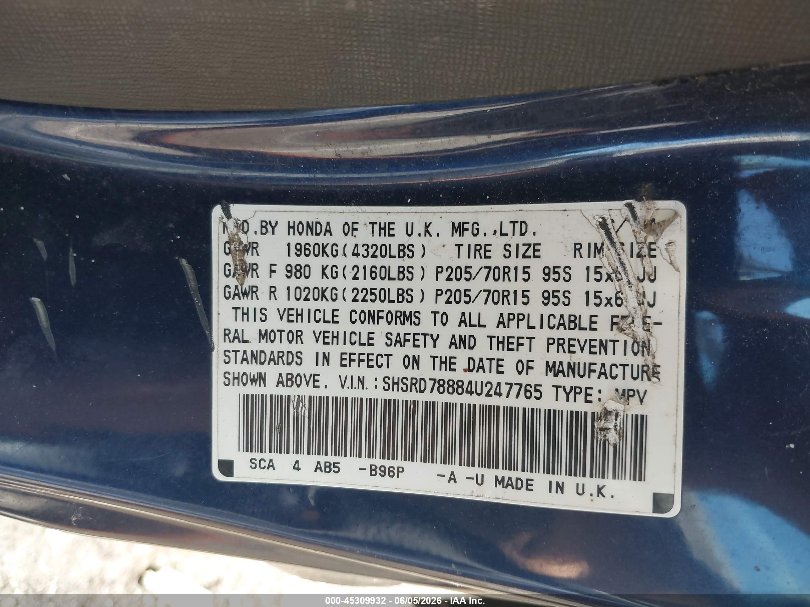 2004 Honda Cr-v Ex Dark Blue vin: SHSRD78884U247765