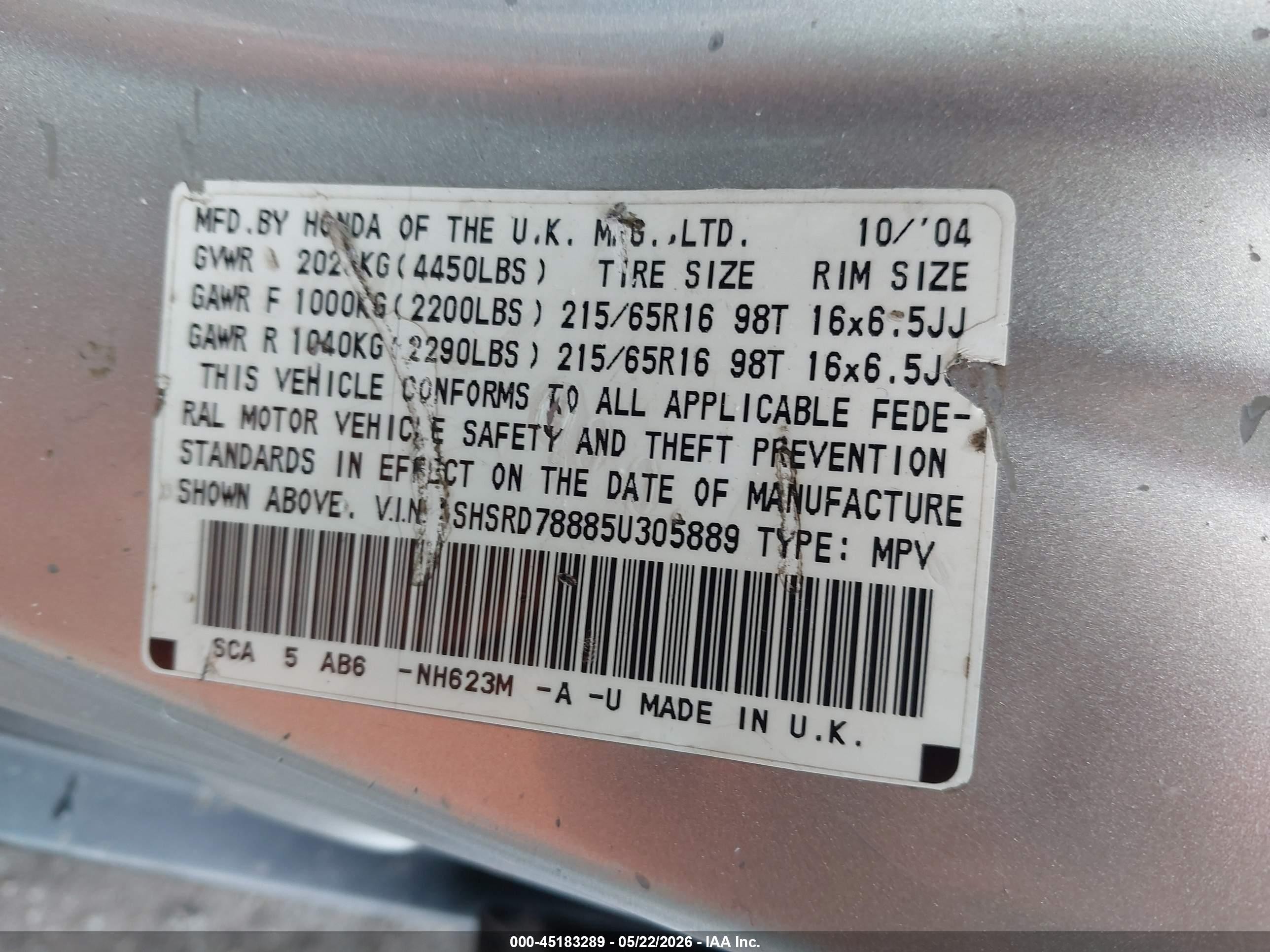 2005 Honda Cr-v Ex Silver vin: SHSRD78885U305889